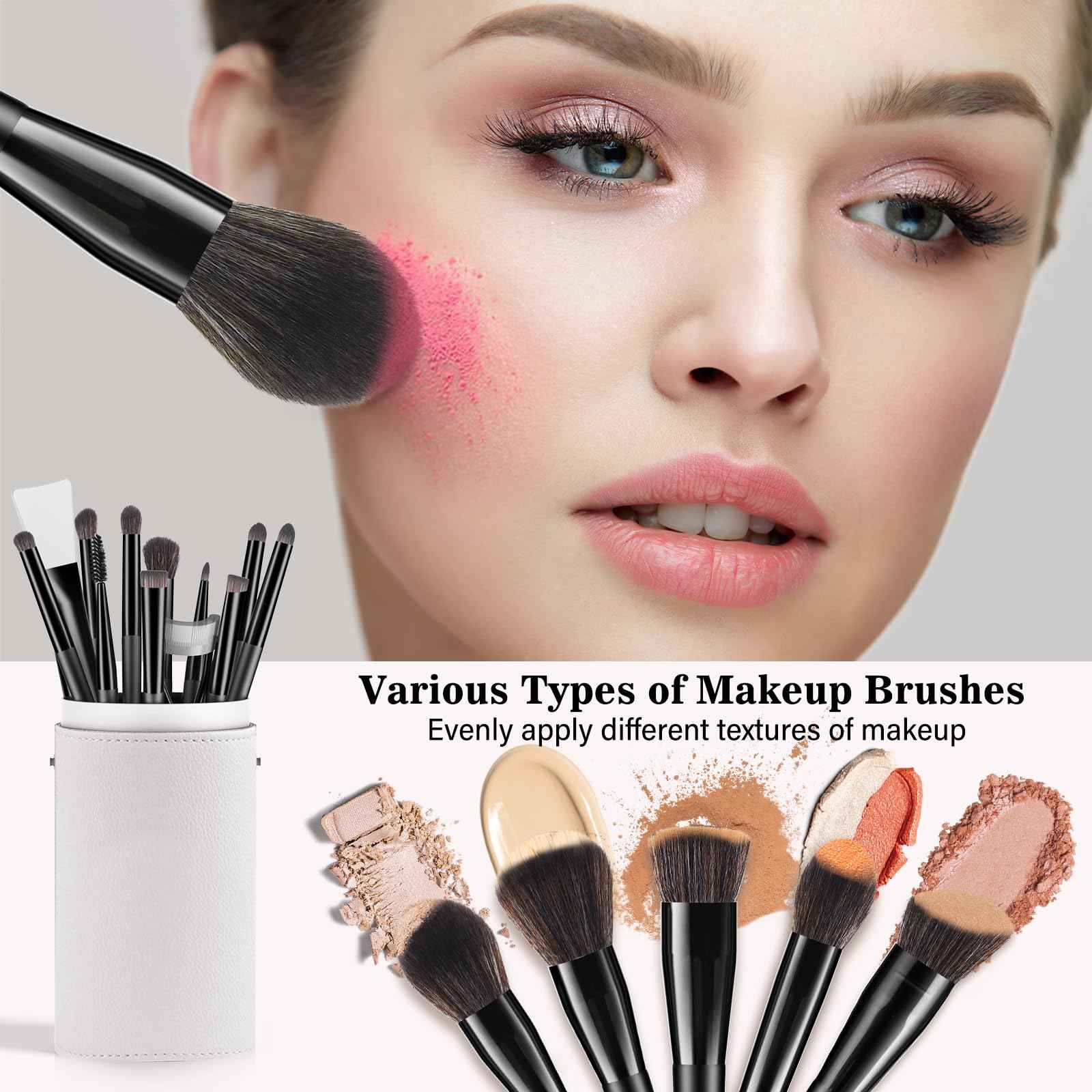 Makeup Brushes With Case 20PCs Professional Makeup Brush Set, Foundation Powder Eyeshadow Brush Set Eyebrow Concealer Contour Travel Brushes Kit with Holder & 2 Powder Puff-White