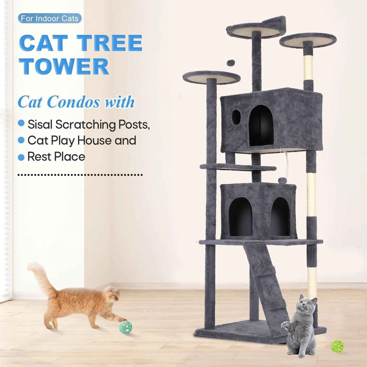 FDW Cat Tree 54in Cat Tower Multi-Level Durable Cat Scratching Post & Cozy Fun Cat Jumping Platform Space Saving Cat Condo Pet Play House for Indoor Cats,Dark Gray