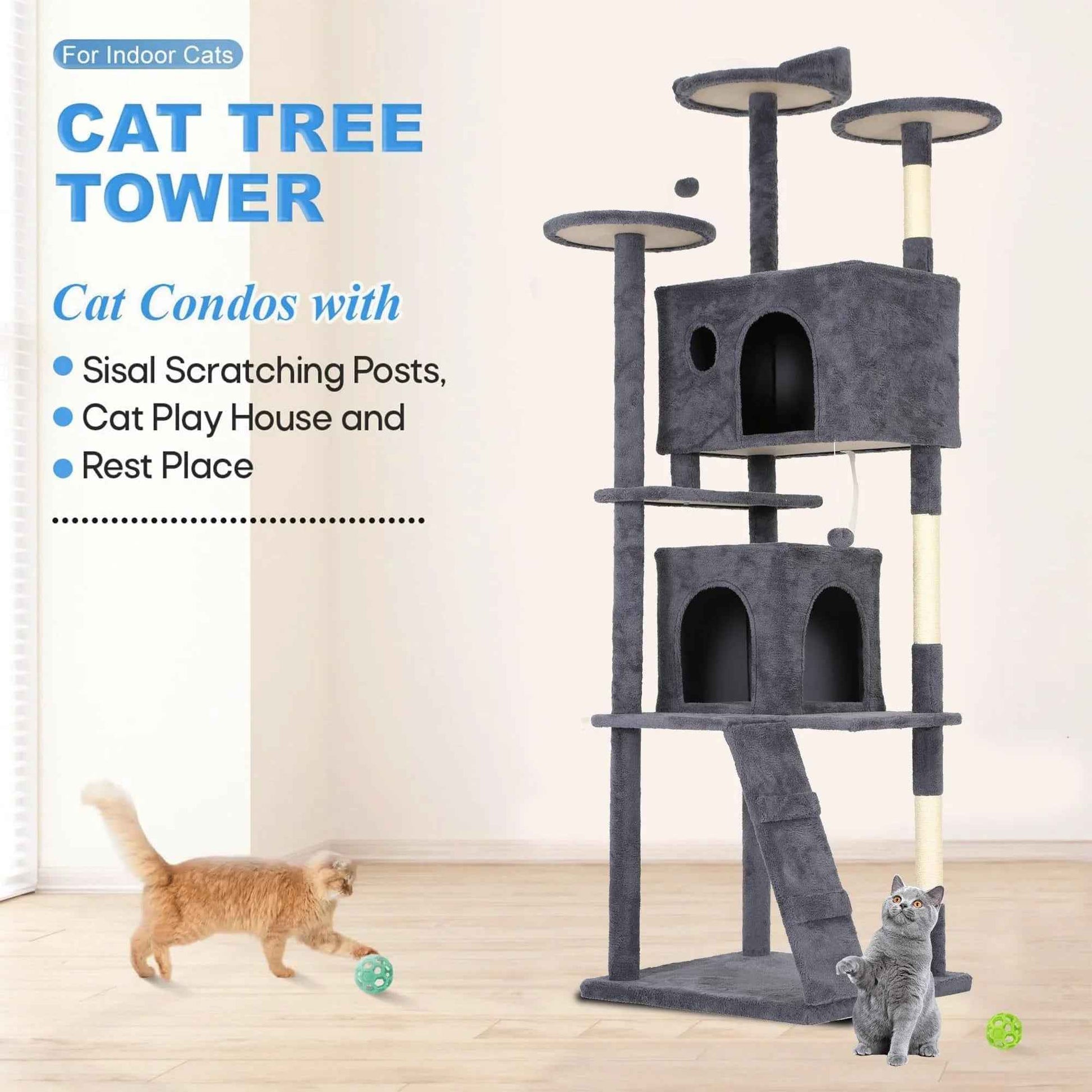 FDW Cat Tree 54in Cat Tower Multi-Level Durable Cat Scratching Post & Cozy Fun Cat Jumping Platform Space Saving Cat Condo Pet Play House for Indoor Cats,Dark Gray