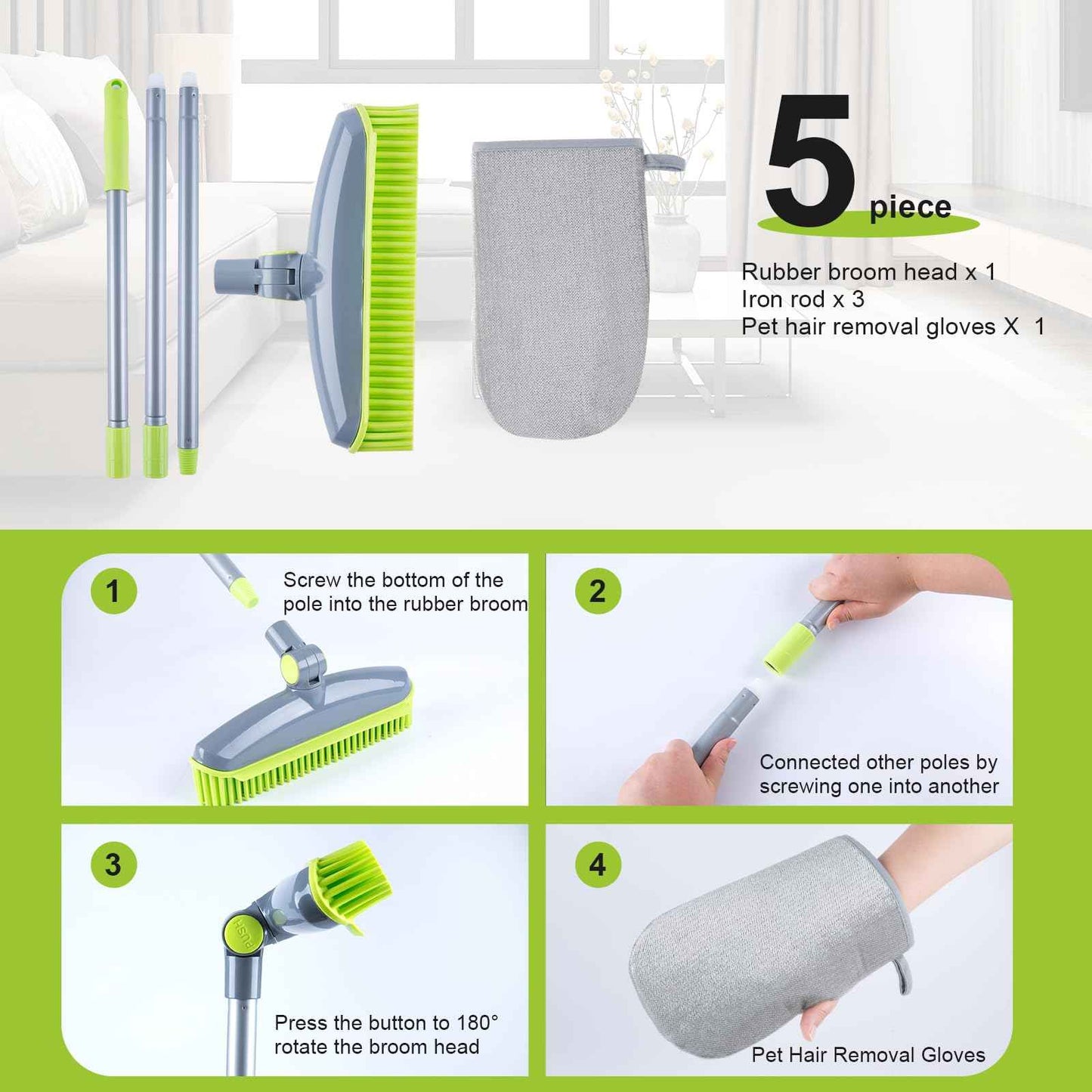 180°Rotating Rubber Broom with Squeegee for Pet Hair Removal - 50" Iron Handle Fur Remover Rake Brush for Carpet, Hardwood & Tile Floors, Includes Pet Hair Removal Gloves (Green)