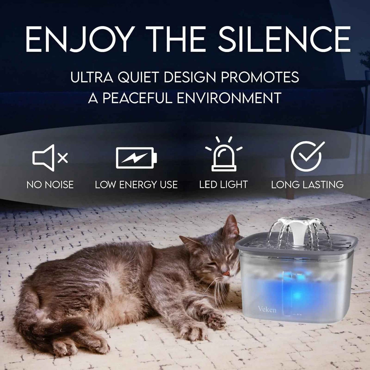 Veken Innovation Award Winner 95oz/2.8L Pet Fountain, Automatic Cat Water Fountain Dog Water Dispenser with Replacement Filters, Gifts for Christmas, Cats, Dogs, Multiple Pets (Grey, Plastic)