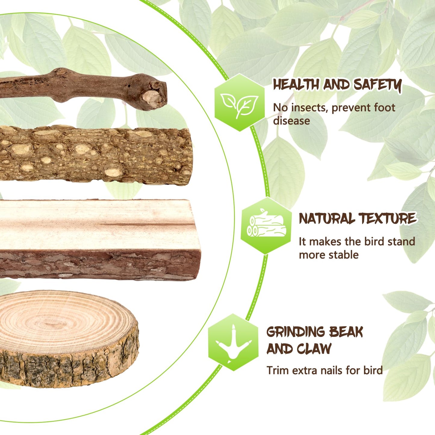 Natural Wood Bird Perches for Cage, Parrot Perch Stand & Platform, Bird Cage Accessories for Parakeets, Cockatiels, Conures, Lovebirds (Brown, Core Perch & Platform - 8PCS)