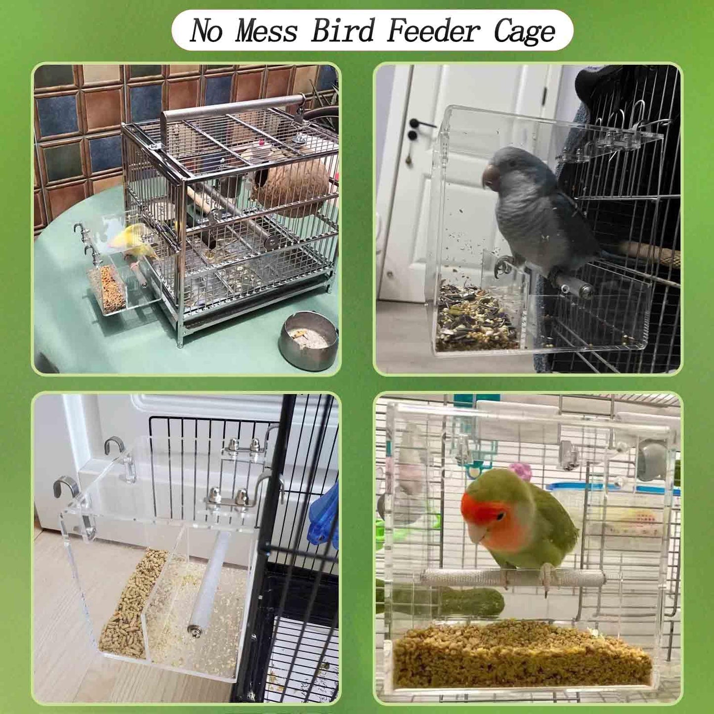 No Mess Bird Feeder for Cage, Automatic Acrylic No Mess Bird Feeder Cage for Parrots Canary Parakeet Budgerigar Crested Myna Cockatiel Lovebird (Large)