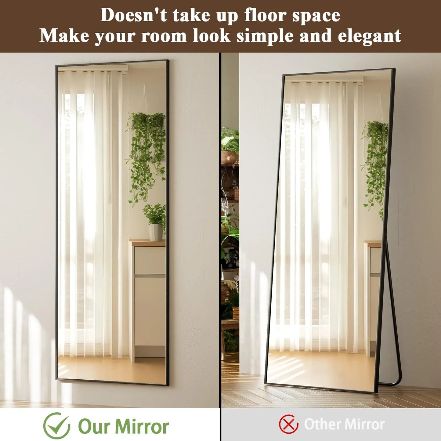 VooBang 14"x48" Full Length Over The Door Mirror - Aluminum Alloy Frame Full Body Mirror with Height-Adjustable Hangers, Hanging Leaning Against Wall for Dorm, Black - Jlhbookstore.store