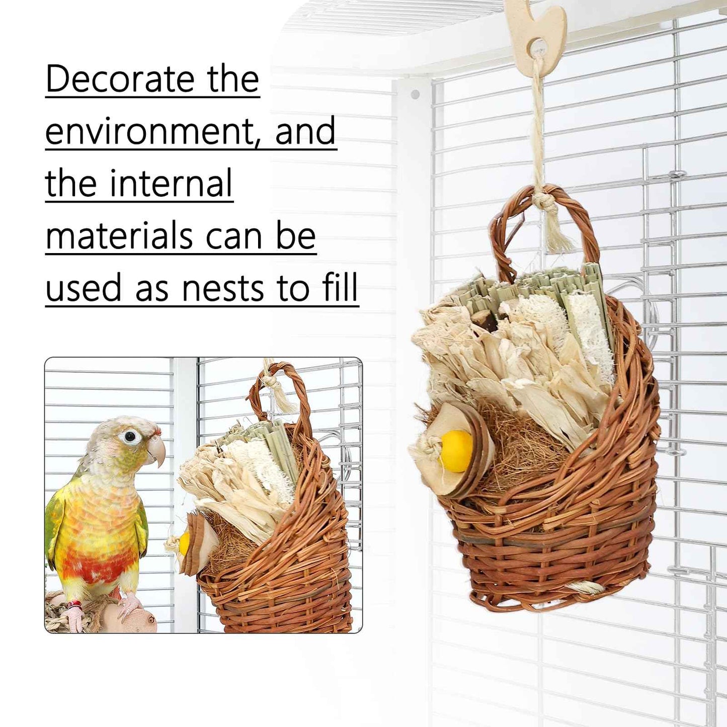 Natural Bird Chew Toys Shreddable Toys Made of Seagrass, Timothy Grass & Corn Leaves with Wood Hook for Cockatiels, Parakeets, Small Medium Birds (Pinecone Woven Basket)