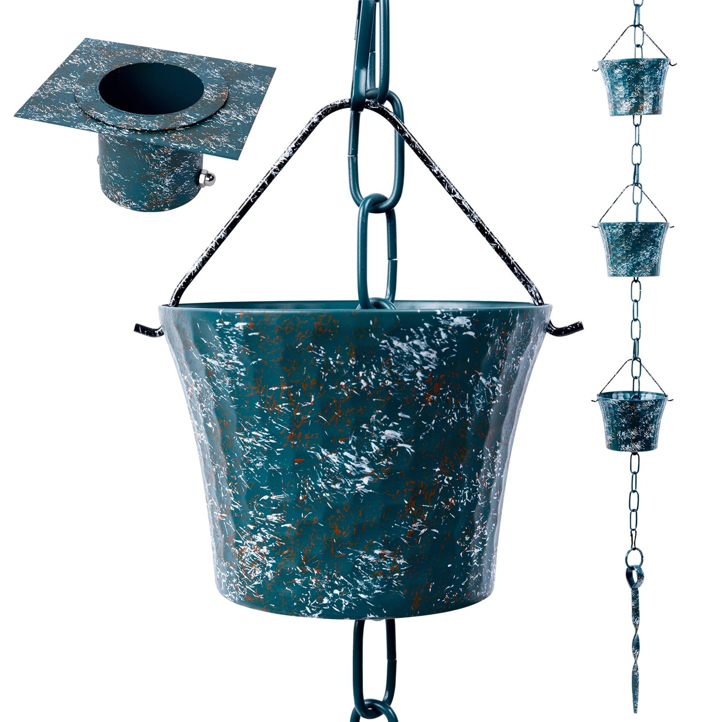 Rain Chain Bird Cage Set 8.5Ft, Not Rust Wrought Iron Rain Chains for Gutters with Adapter Gotta Drain and Sturdy Anchoring Stake,13 Cups, 1 Hook, Adjustable Length for Garden Decorative (Coffee)