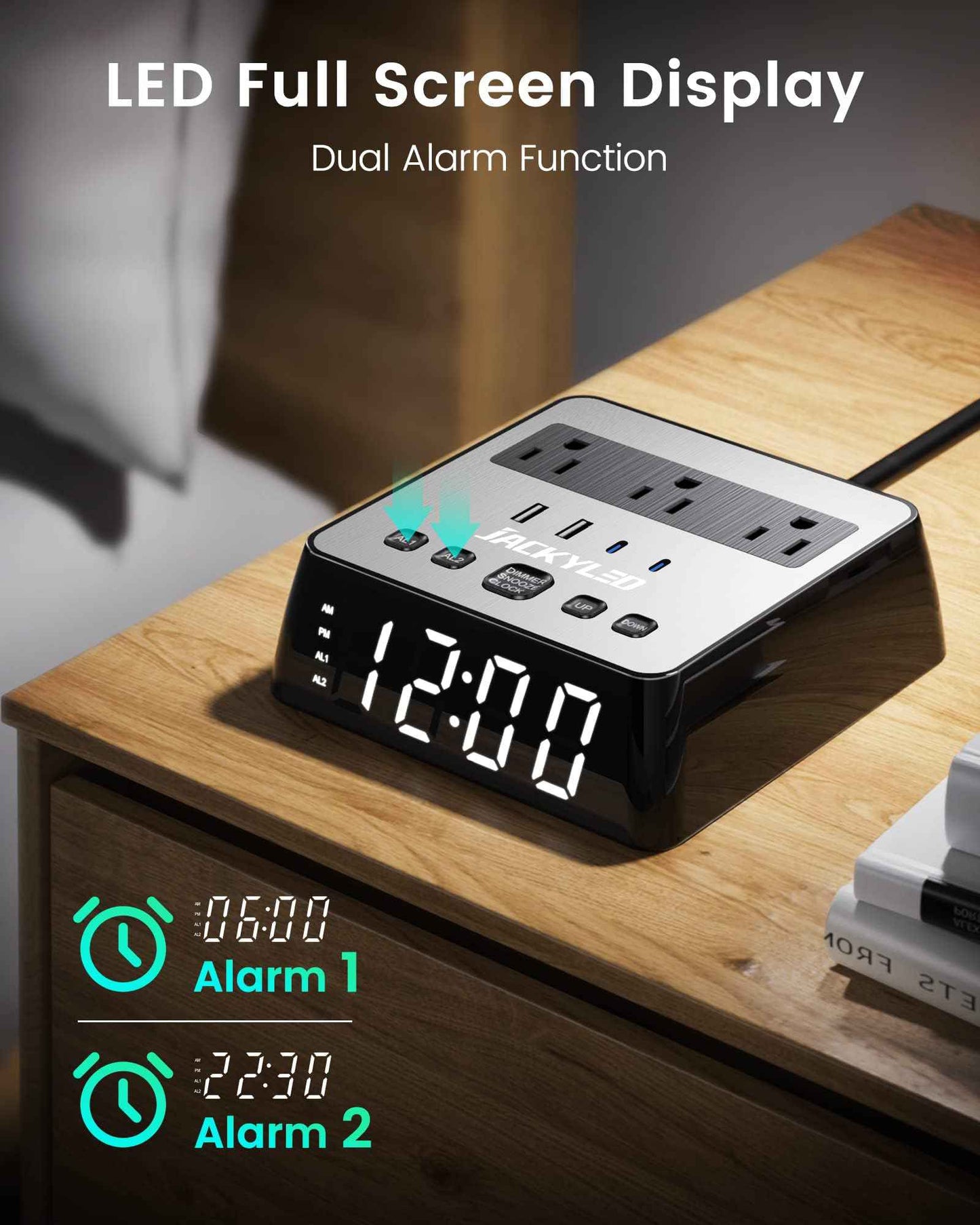 JACKYLED Alarm Clock with 4 USB Chargers Power Strip 3 Outlets 1700J Surge Protector Nightstand Dimmable Digital Clock with Dual Alarm and Snooze Function for Bedroom, Full Screen LED Display