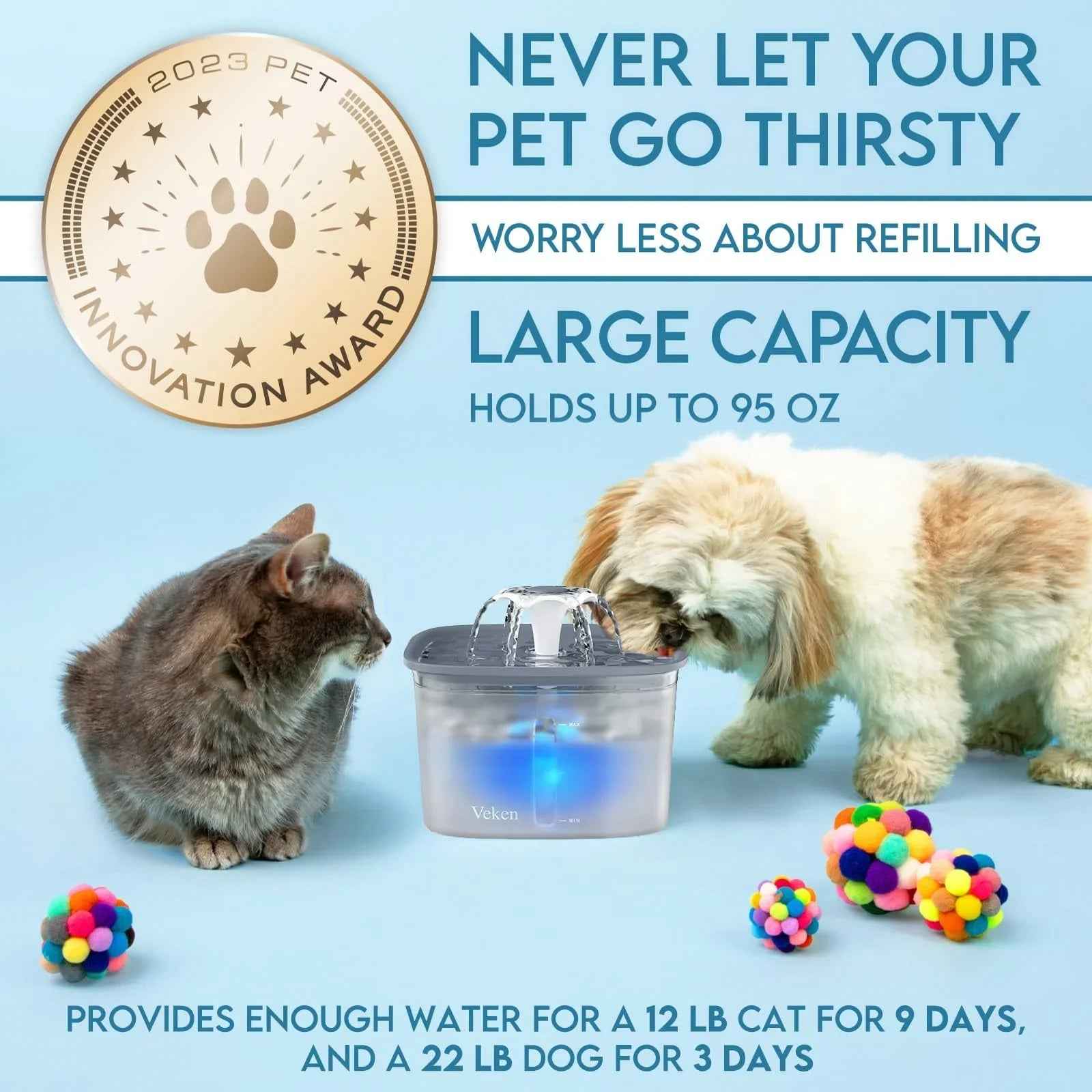 Veken Innovation Award Winner 95oz/2.8L Pet Fountain, Automatic Cat Water Fountain Dog Water Dispenser with Replacement Filters, Gifts for Christmas, Cats, Dogs, Multiple Pets (Grey, Plastic)