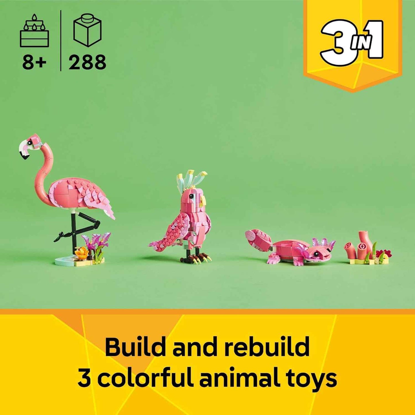 LEGO Creator 3 in 1 Wild Animals: Pink Flamingo Animal Building Toy - Building Toy with 3 Building Options, Pink Flamingo, Cockatoo, or Axolotl - Learning Toy for Kids, Ages 8+- 31170