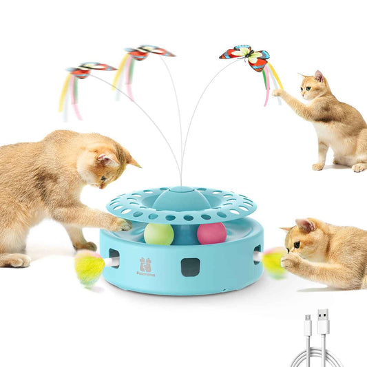 Potaroma Cat Toys 3in1 Automatic Interactive Kitten Toy, Fluttering Butterfly, Moving Feather, Track Balls, Dual Power Supplies, USB Powered, Indoor Exercise Kicker (Bright White)