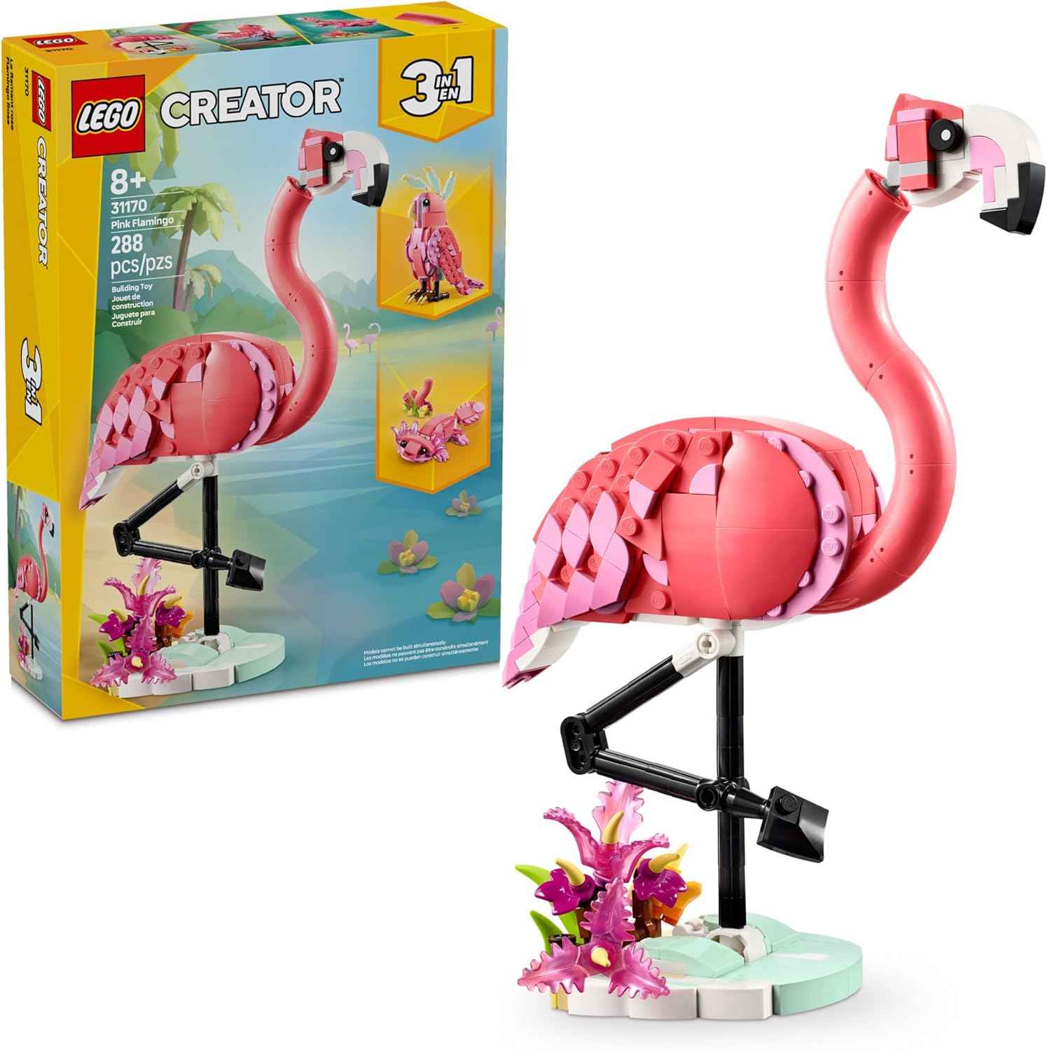 LEGO Creator 3 in 1 Wild Animals: Pink Flamingo Animal Building Toy - Building Toy with 3 Building Options, Pink Flamingo, Cockatoo, or Axolotl - Learning Toy for Kids, Ages 8+- 31170