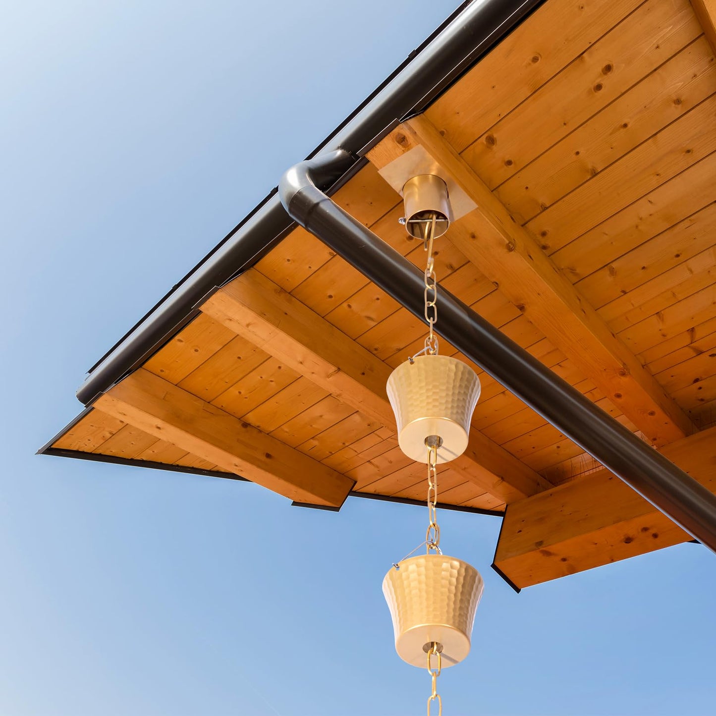 Rain Chain Bird Cage Set 8.5Ft, Not Rust Wrought Iron Rain Chains for Gutters with Adapter Gotta Drain and Sturdy Anchoring Stake,13 Cups, 1 Hook, Adjustable Length for Garden Decorative (Coffee)