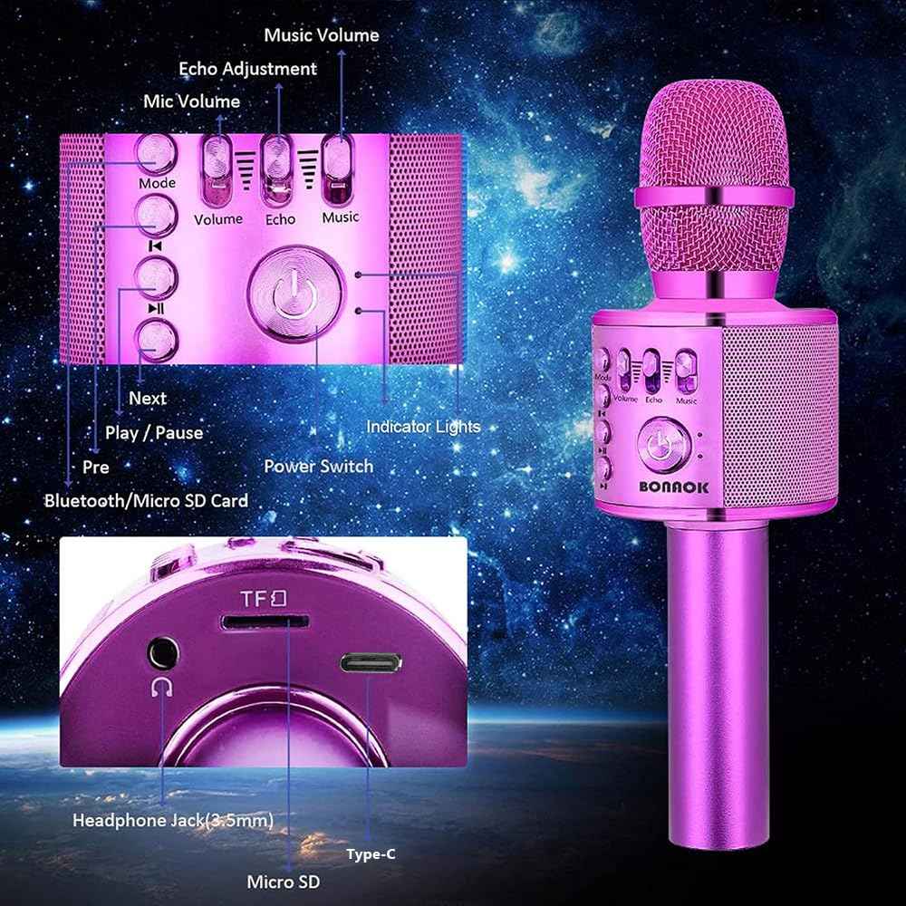 BONAOK Wireless Bluetooth Karaoke Microphone, Portable Toy Microphone for Singing, Gifts to Girls Boys Kids Adults All Age Q37（Bright Purple）