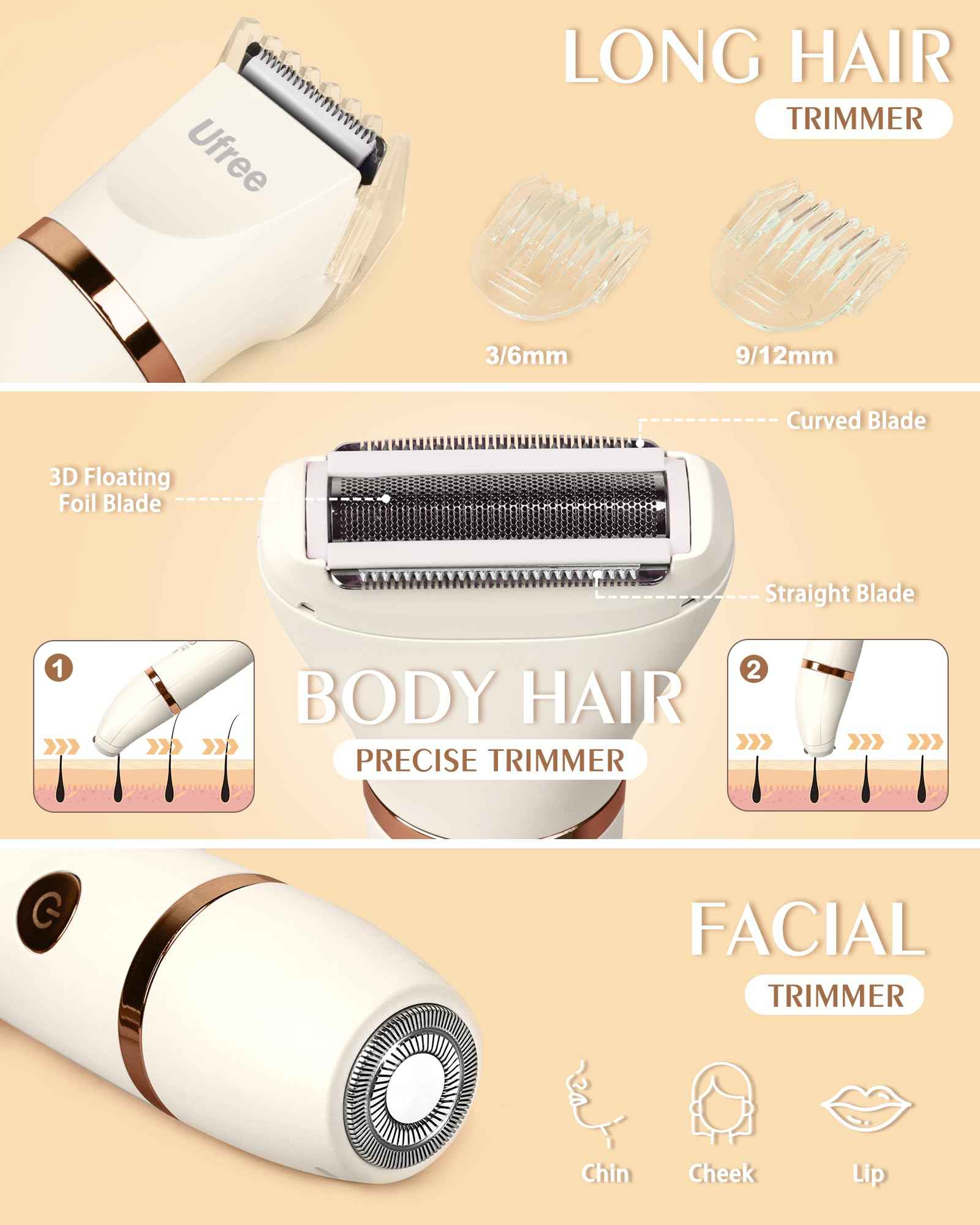 Ufree Bikini Trimmer Electric Razors for Women, Rechargeable Pubic Body Hair Trimmer Electric Shaver for Legs Body Hair, Bikini Shaver IPX7 Waterproof, Gifts for Women, Purple