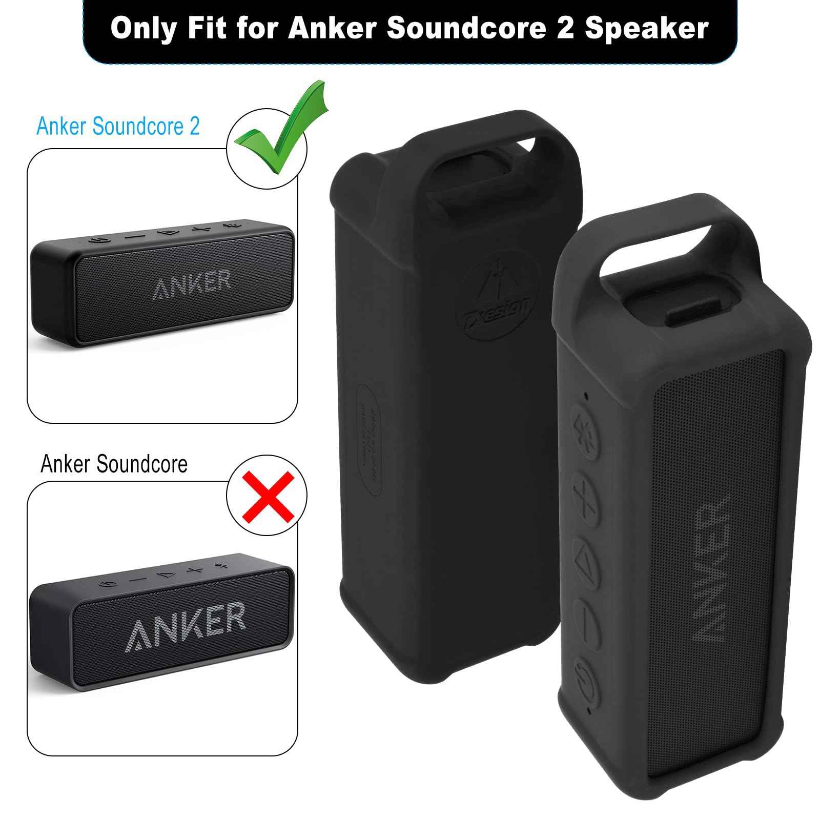 TXEsign Silicone Case Compatible with Anker Soundcore 2 Portable Speaker, Protective Travel Case Cover with Handle and Carabiner for Anker Soundcore 2 Speaker (Black)