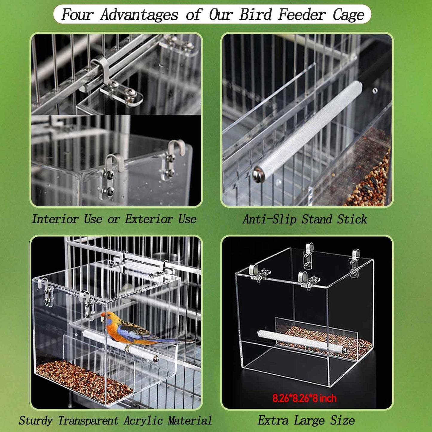 No Mess Bird Feeder for Cage, Automatic Acrylic No Mess Bird Feeder Cage for Parrots Canary Parakeet Budgerigar Crested Myna Cockatiel Lovebird (Large)