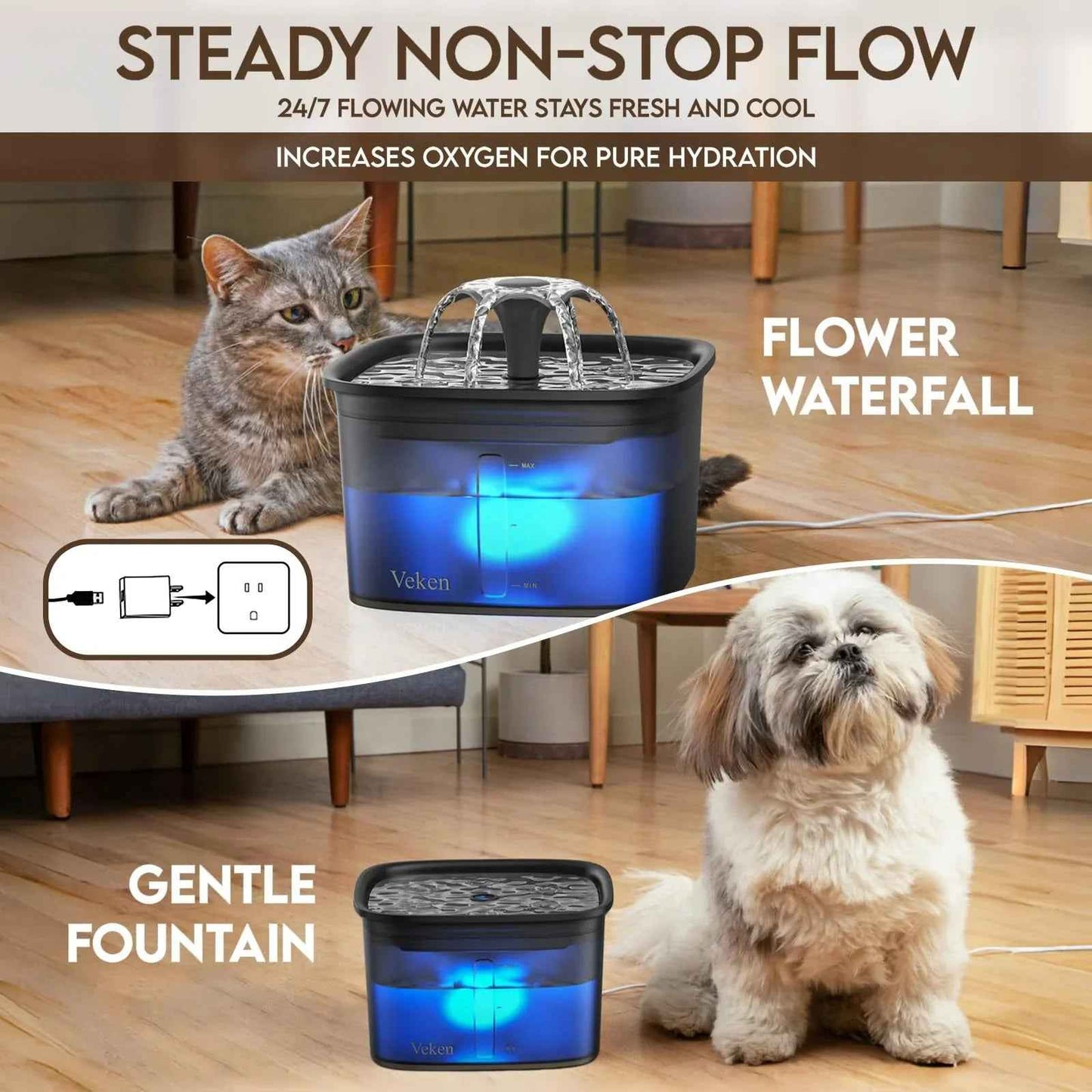 Veken Innovation Award Winner 95oz/2.8L Pet Fountain, Automatic Cat Water Fountain Dog Water Dispenser with Replacement Filters, Gifts for Christmas, Cats, Dogs, Multiple Pets (Grey, Plastic)