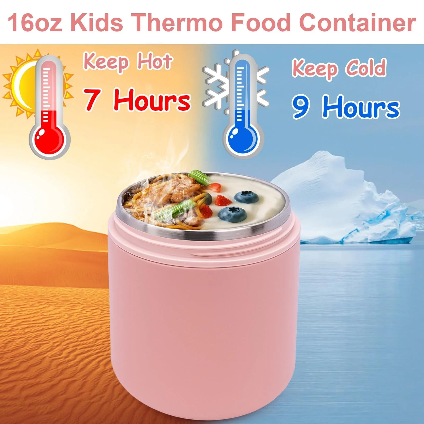 Juome 16oz Kids Thermo for Hot Food - Insulated Vacuum Food Jar Container, Wide Mouth Stainless Steel Soup Thermo Lunch Box for Kids with Spoon, Leakproof (Pink) - Jlhbookstore.store