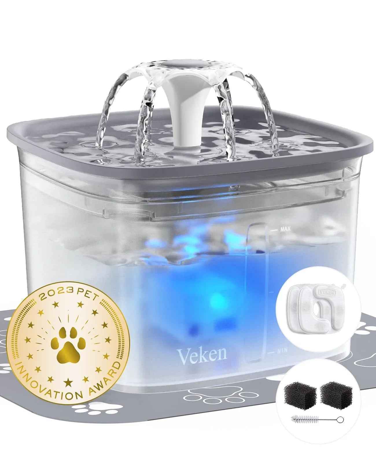 Veken Innovation Award Winner 95oz/2.8L Pet Fountain, Automatic Cat Water Fountain Dog Water Dispenser with Replacement Filters, Gifts for Christmas, Cats, Dogs, Multiple Pets (Grey, Plastic)