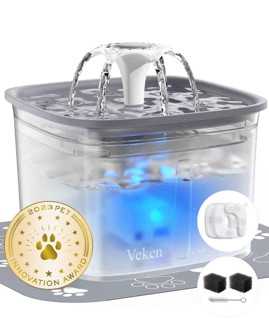 Veken Innovation Award Winner 95oz/2.8L Pet Fountain, Automatic Cat Water Fountain Dog Water Dispenser with Replacement Filters, Gifts for Christmas, Cats, Dogs, Multiple Pets (Grey, Plastic)