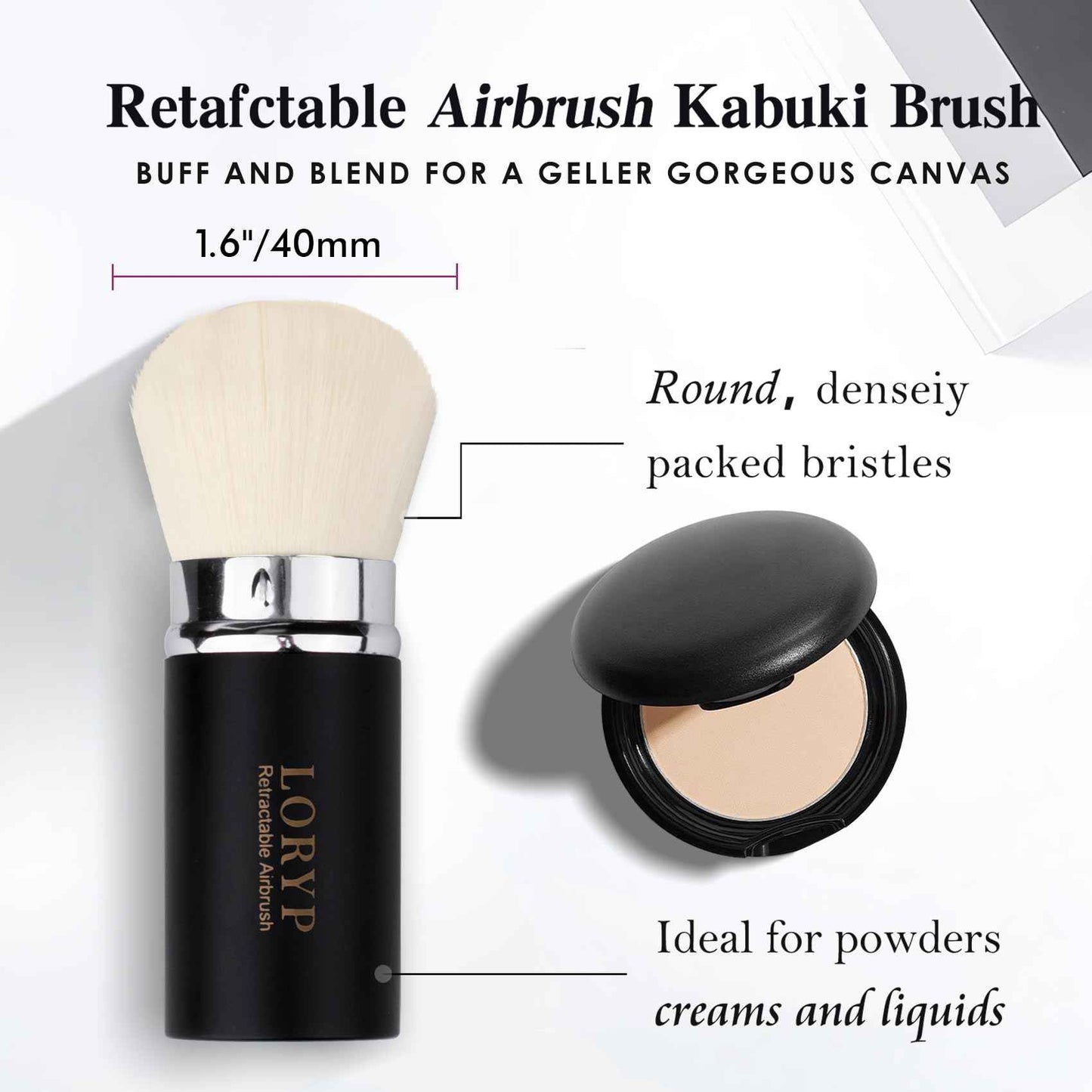 LORYP Retractable Makeup Brush Black Kabuki Foundation Brush for liquid Cream and Powder Makeup 2 Pack Travel Makeup Brush Set