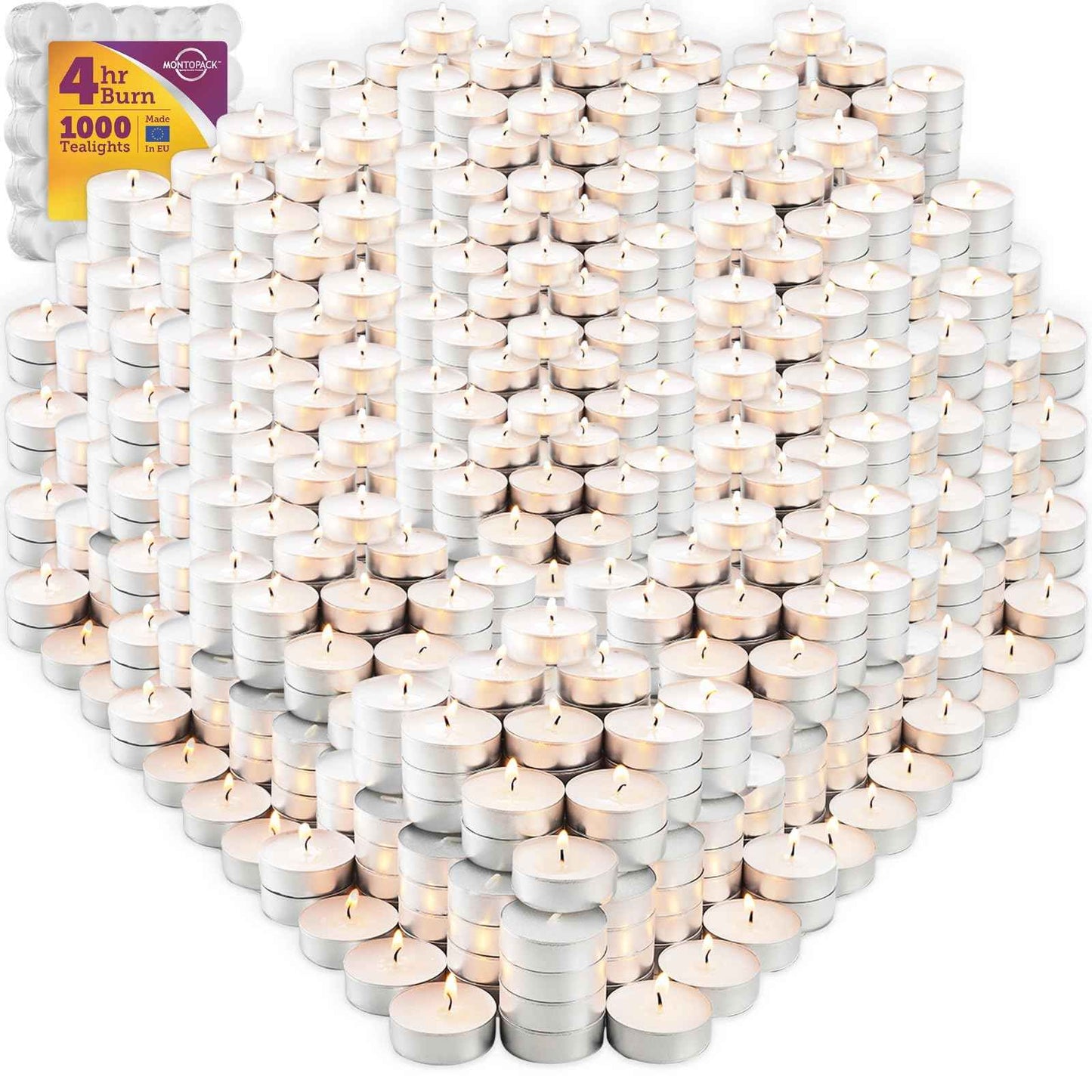 MontoPack Unscented Tea Light Candles 100 Pack | 4 hours, White, Smokeless, Dripless Small Votive Paraffin Tealights | Long-Lasting for Home, Shabbat, Weddings, Events, Emergencies | Mini Candles Bulk