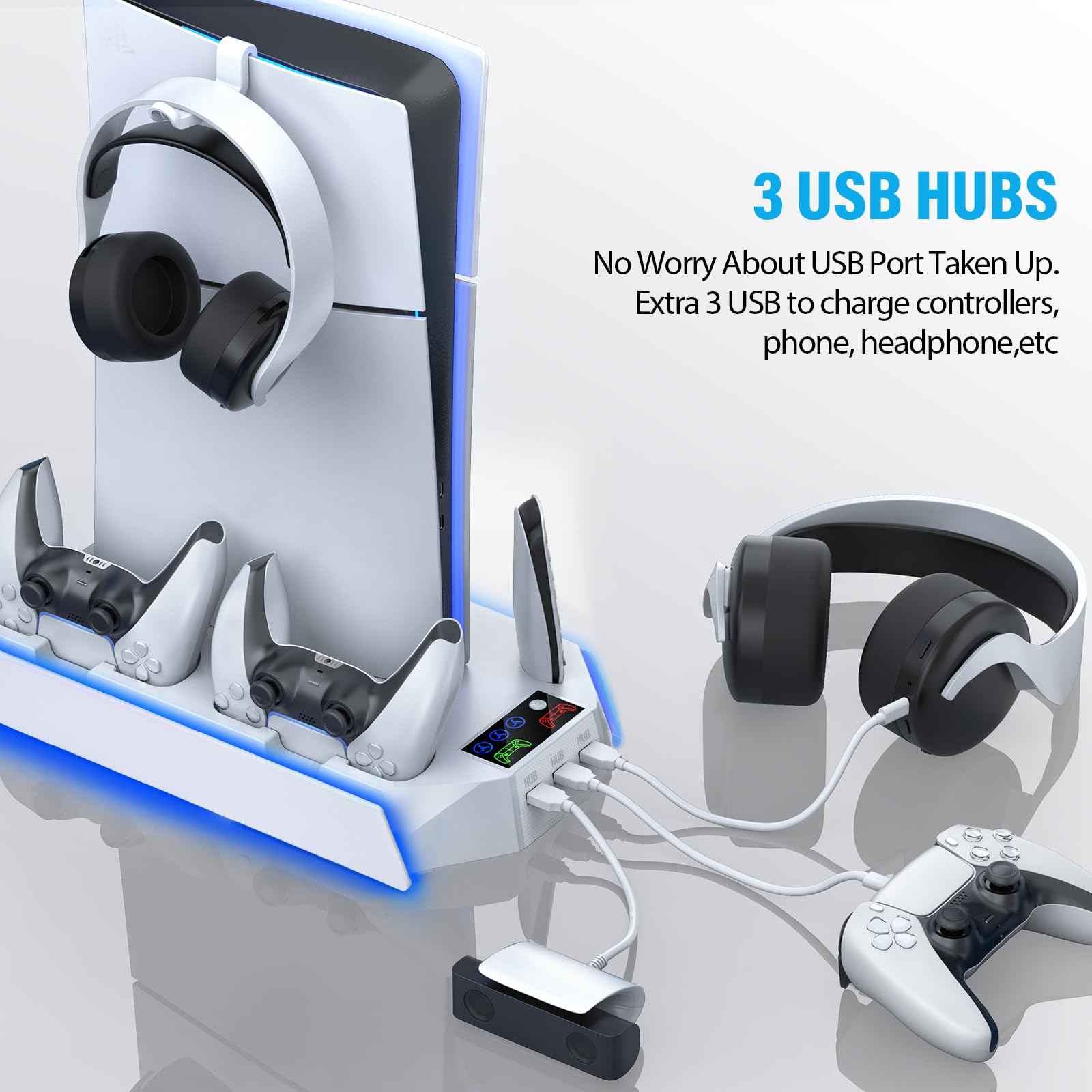 PS5/PS5 Slim/PS5 Pro Stand and Cooling Station with Dual Controller Charging Station for PlayStation 5 Console, PS5 Accessories Incl. Controller Charger, Cooling Fan, Headset Holder, 3 USB Hub, White