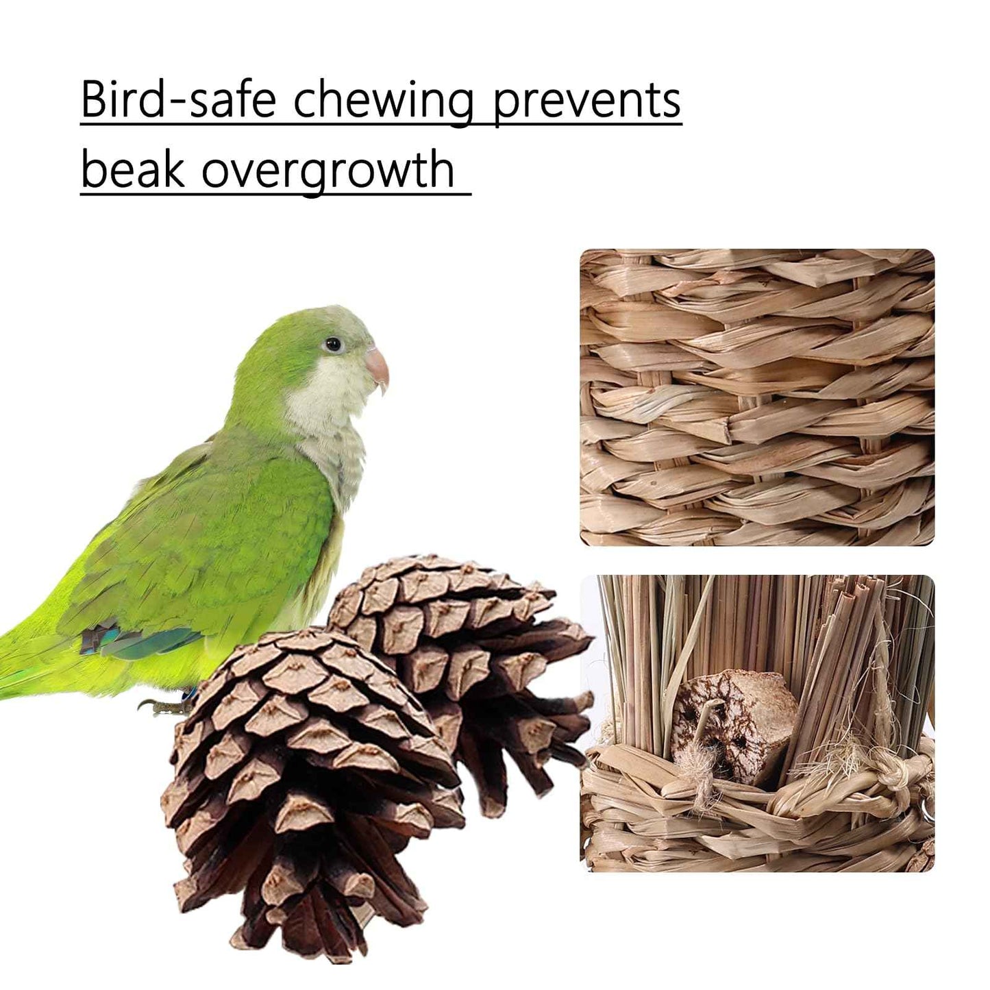 Natural Bird Chew Toys Shreddable Toys Made of Seagrass, Timothy Grass & Corn Leaves with Wood Hook for Cockatiels, Parakeets, Small Medium Birds (Pinecone Woven Basket)