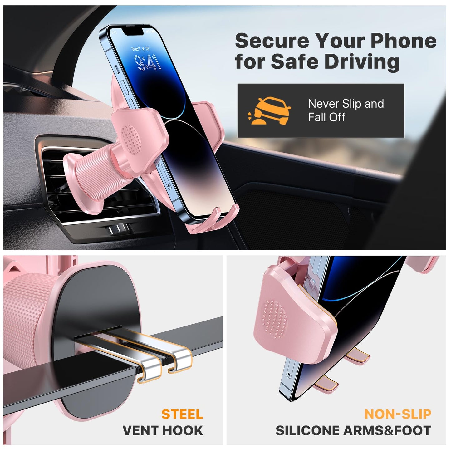 Miracase Phone Holders for Your Car with Metal Hook Clip, Air Vent Cell Phone Stand Car Mount, Universal Automobile Cradle for Garmin GPS Fit iPhone Android and All Smartphones, Dark Black