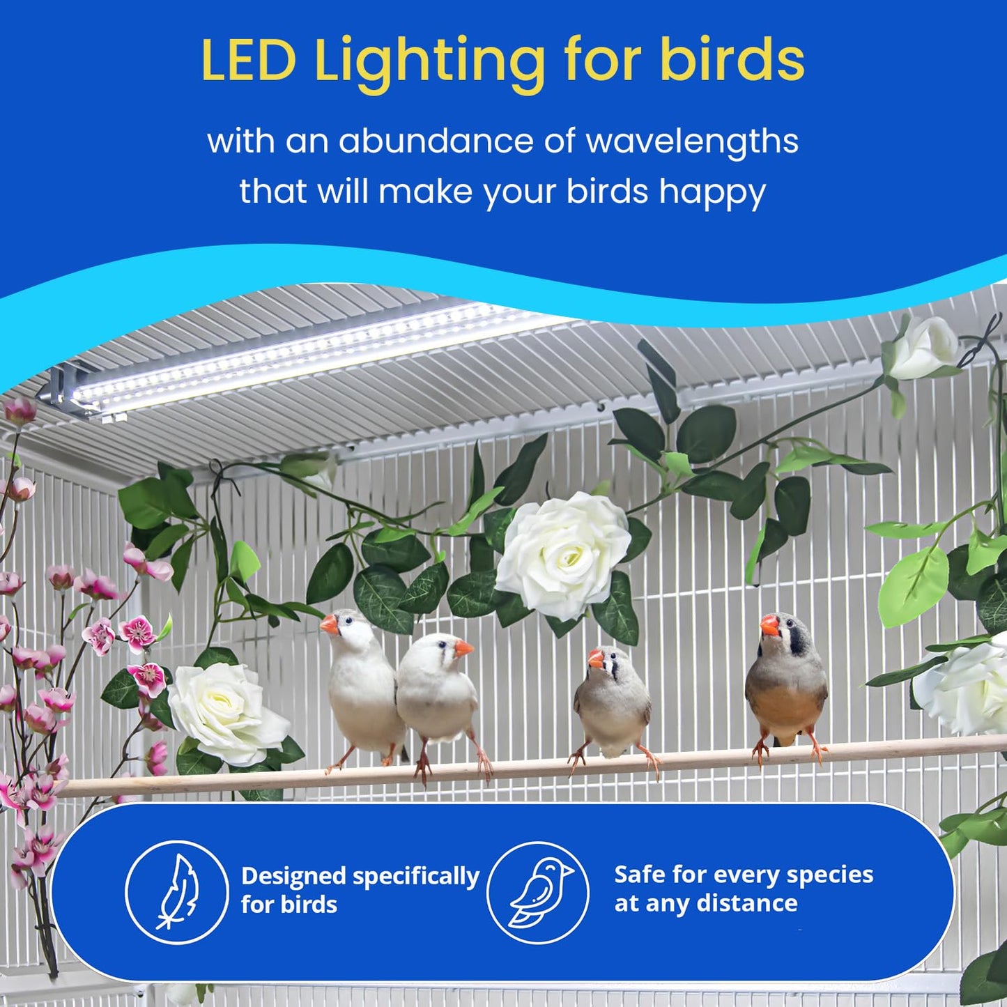 HappyBird Lighting Bird Cage Light with Chew Guard - Full Spectrum LED Pet Light - Simulates Natural Environment - Safe for Hookbill Birds – Easy to Install - (18" Long)