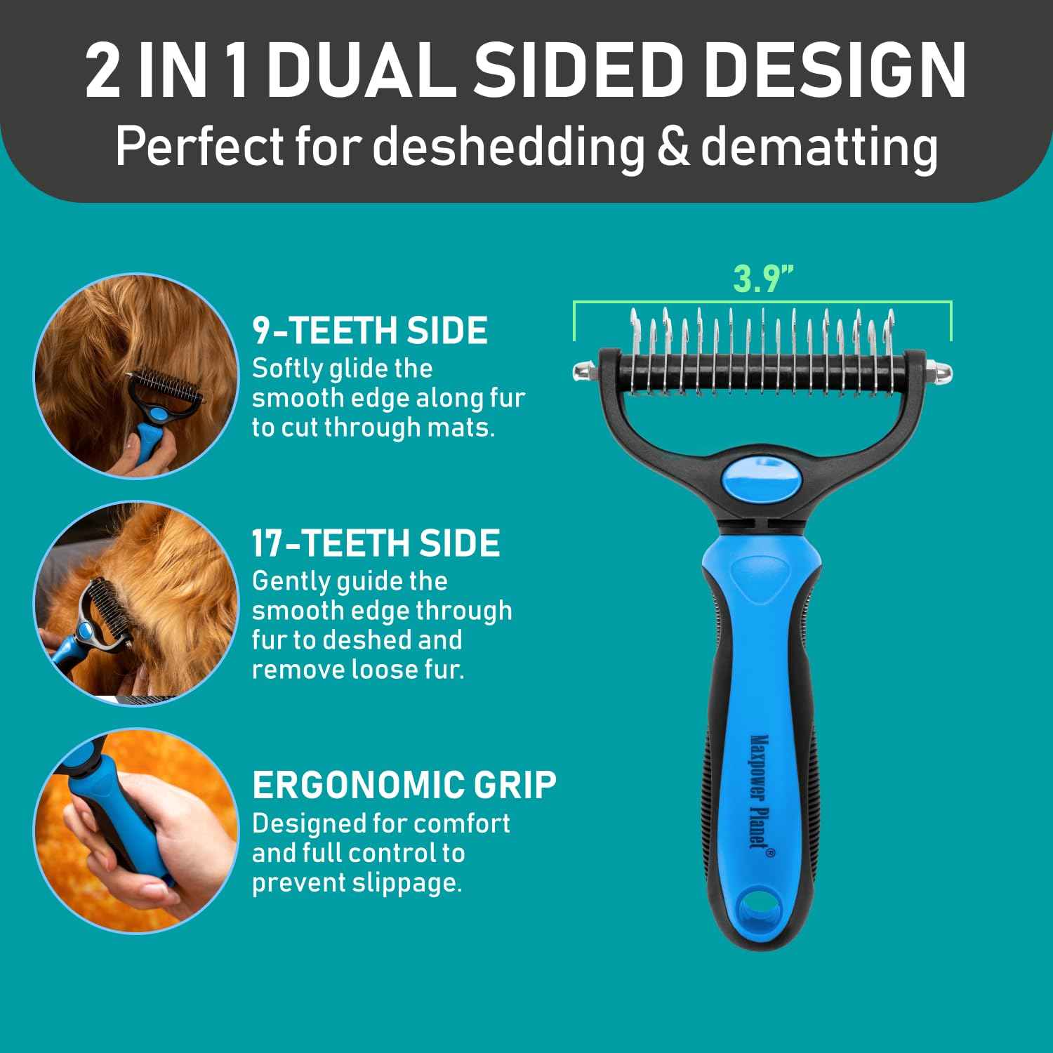 Maxpower Planet Pet Grooming Brush - Double Sided Shedding and Dematting Undercoat Rake Comb for Dogs and Cats,Extra Wide (B1 - Rake, Gloves & Comb, Large)