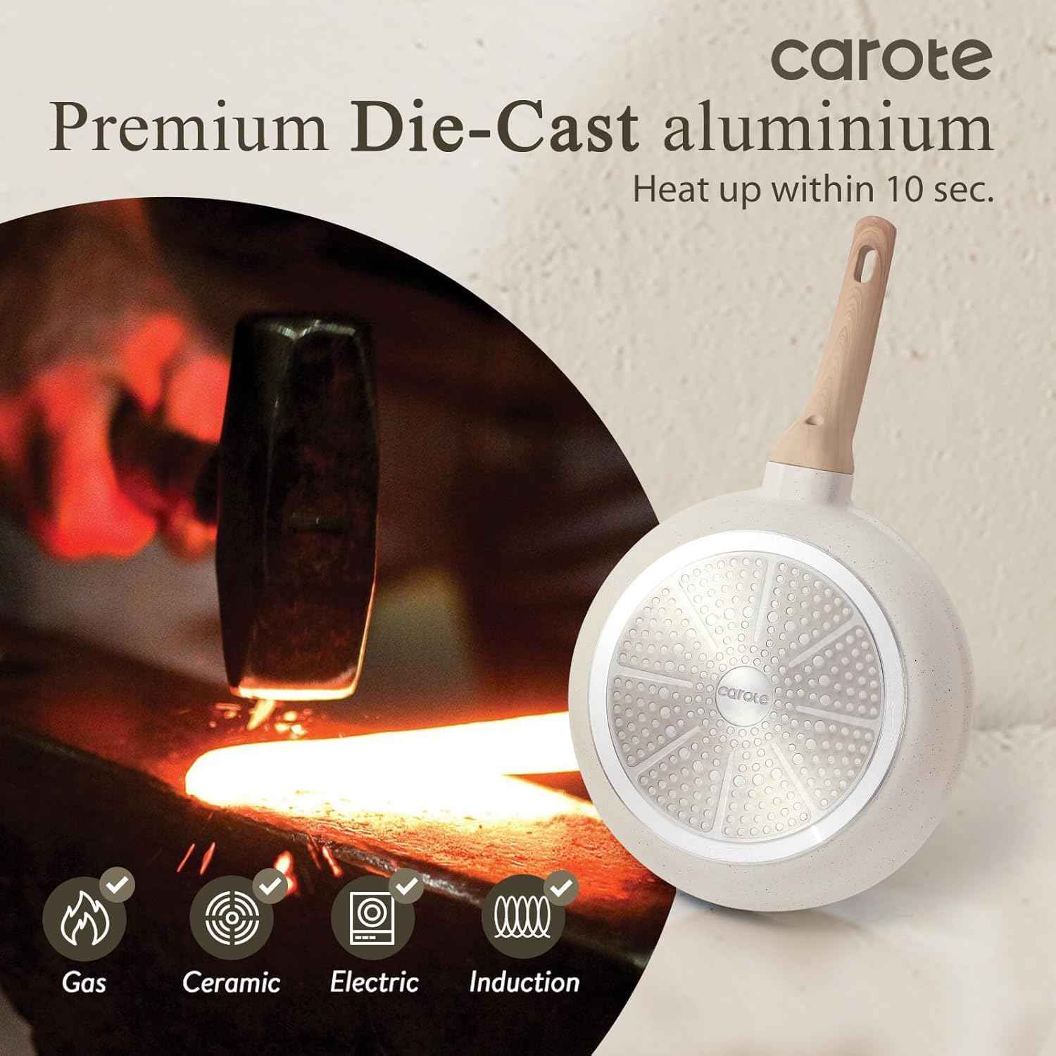 CAROTE Non Stick Frying Pan Skillet Set, Omelet Pan, Healthy Non Toxic Granite Chef Pan, Induction Compatible Egg Frying Pan with Heat-Resistant Handle, PFOA-Free,Black, 8"+10"+12"