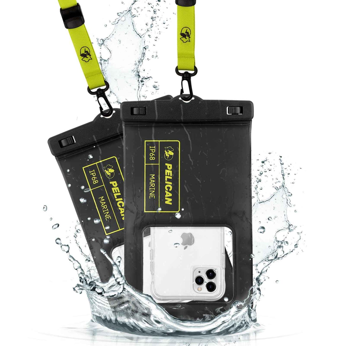 Pelican 2 Pack Marine - IP68 Waterproof Phone Pouch (Regular Size) Floating Waterproof Phone Case - Beach Cruise Ship Travel Essentials - Works w/All Phones - Detachable Lanyard - Black/Hi-Vis Yellow