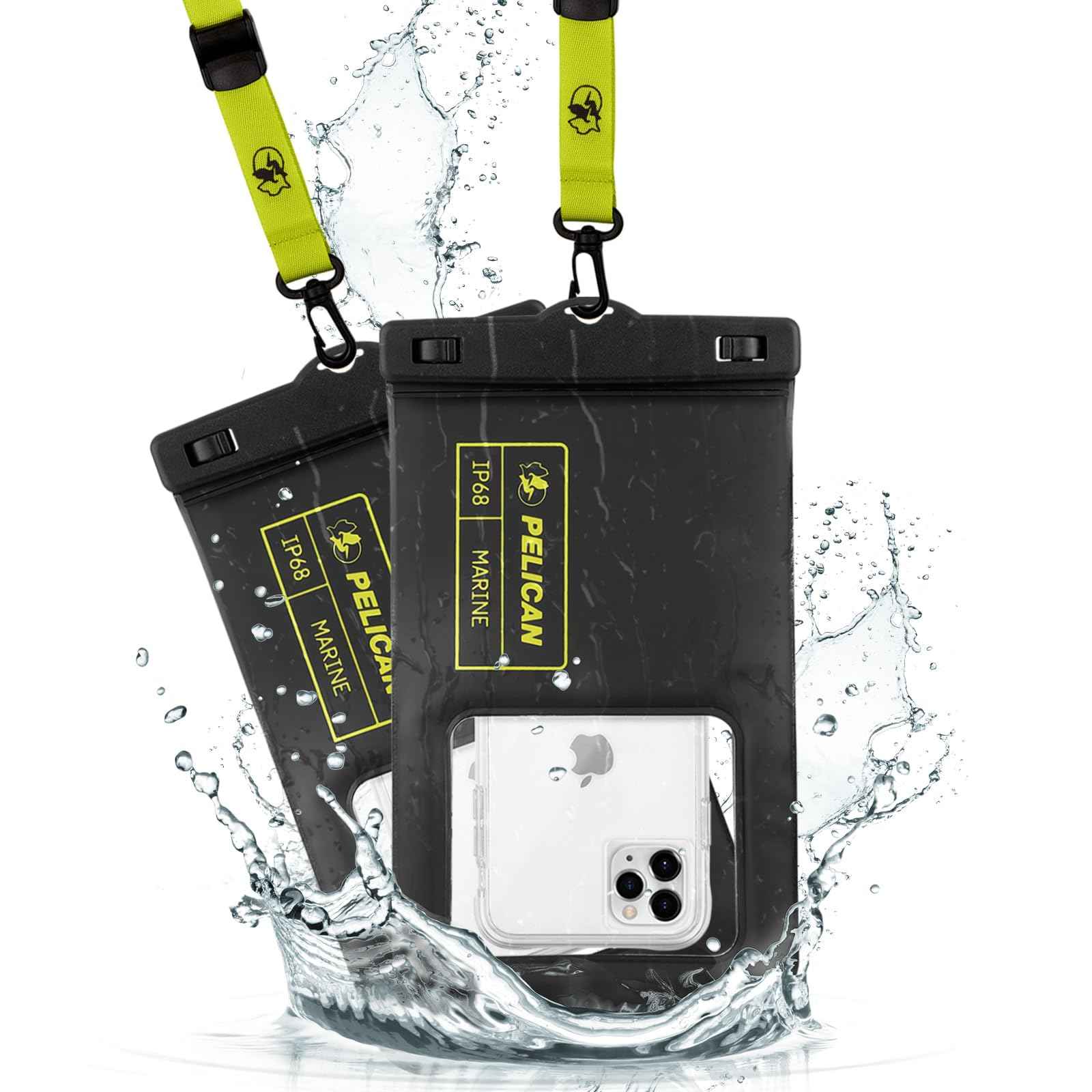 Pelican 2 Pack Marine - IP68 Waterproof Phone Pouch (Regular Size) Floating Waterproof Phone Case - Beach Cruise Ship Travel Essentials - Works w/All Phones - Detachable Lanyard - Black/Hi-Vis Yellow