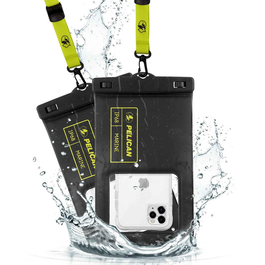 Pelican 2 Pack Marine - IP68 Waterproof Phone Pouch (Regular Size) Floating Waterproof Phone Case - Beach Cruise Ship Travel Essentials - Works w/All Phones - Detachable Lanyard - Black/Hi-Vis Yellow