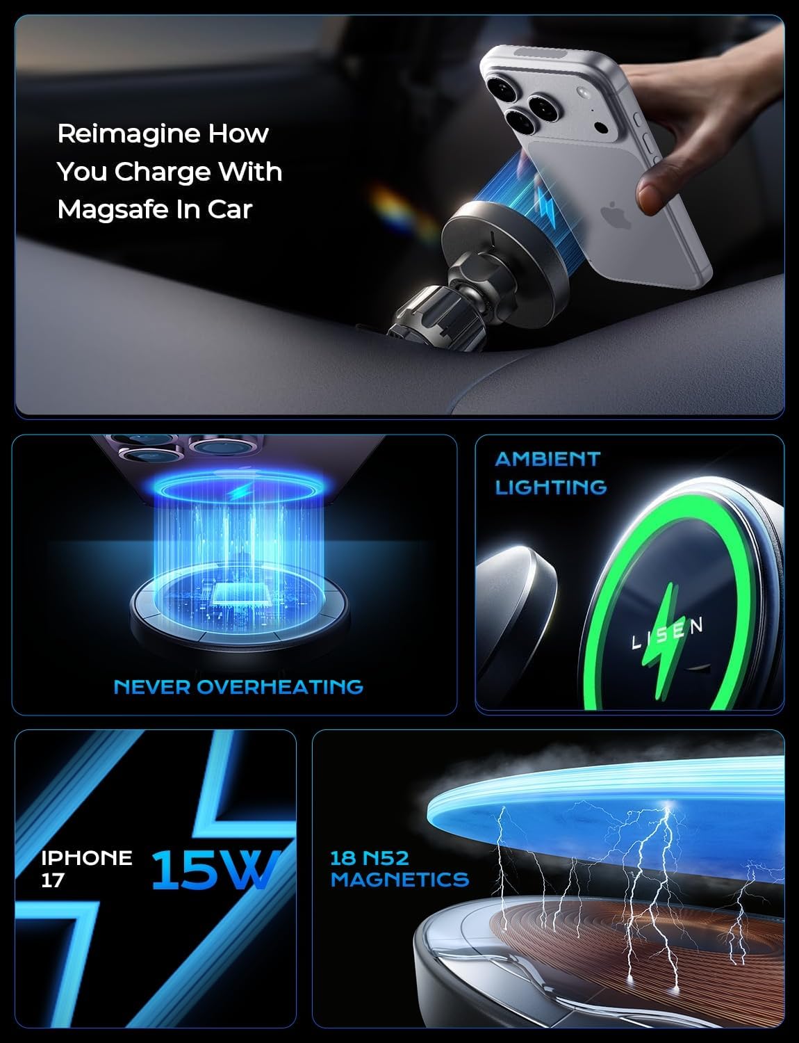 LISEN for 15W MagSafe Car Mount Charger,Magnetic Wireless Car Charger for iPhone 17 Pro Max Accessories,Magnetic Phone Holder for iPhone 17-12,Samsung，Christmas Stocking Stuffers Gifts for Men Women