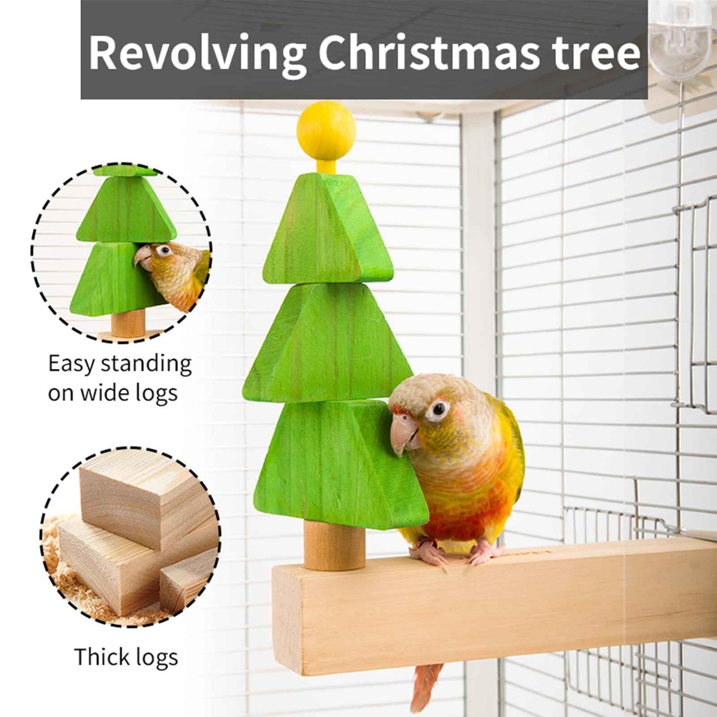Bird toys & Bird Perch, Bird Wooden Block Chewing Toy Parrot Foraging & Puzzle Toys Bird Cage Accessories for Conures Parakeets Cockatiels Lovebirds African Grey Macaws (Revolving Christmas Tree)