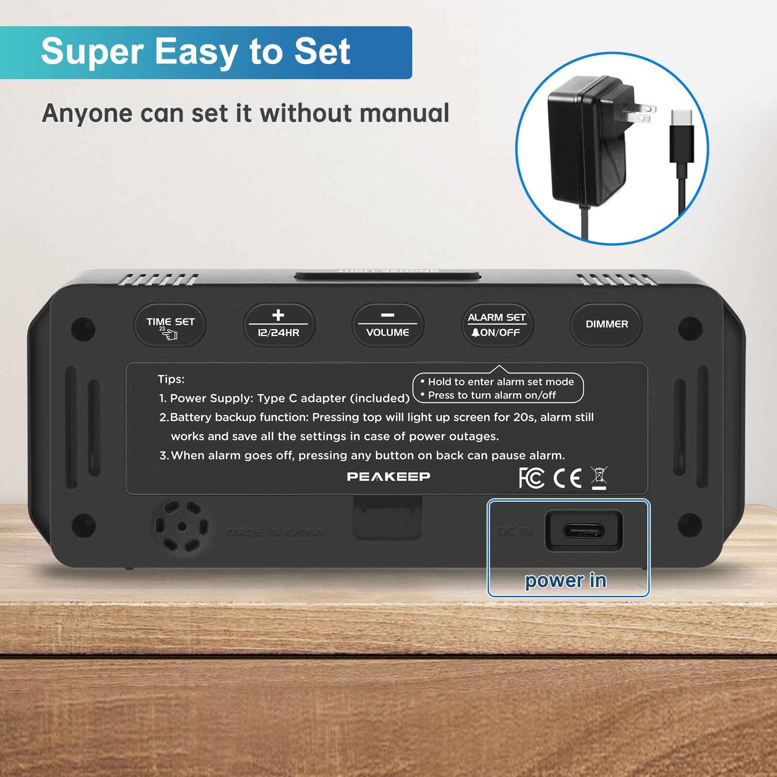 Peakeep Small Digital Alarm Clock Plug in for Bedrooms Bedside, Tiny Electric Clock Large Big Numbers Display with Battery Backup for Desk Table, 6 Dimmers, 5 Adjustable Alarm Volumes (Blue)