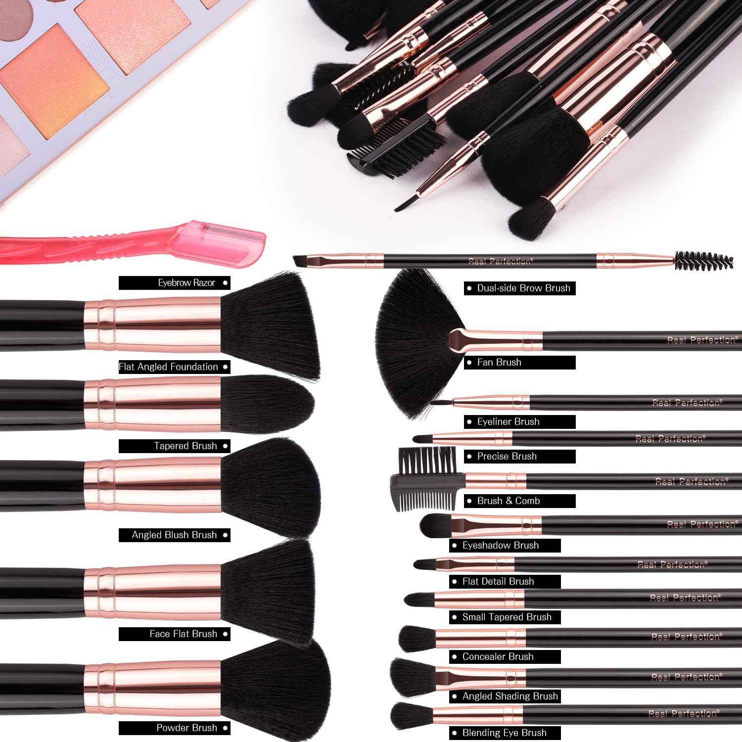 Real Perfection Makeup Brush Set 16 Pcs with 1 Eyebrow Razor Premium Synthetic Foundation Powder Concealers Eyeshadow Blush Makeup Brushes Make up Brushes Kit (Pink)
