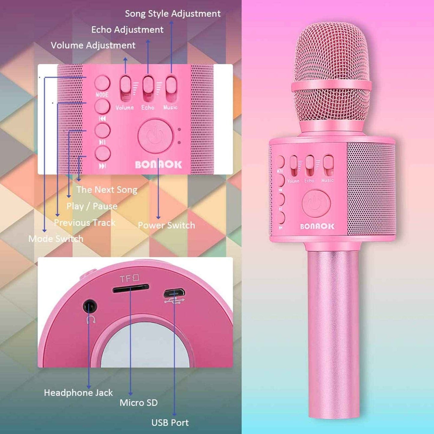 BONAOK Wireless Bluetooth Karaoke Microphone, Portable Toy Microphone for Singing, Gifts to Girls Boys Kids Adults All Age Q37（Bright Purple）