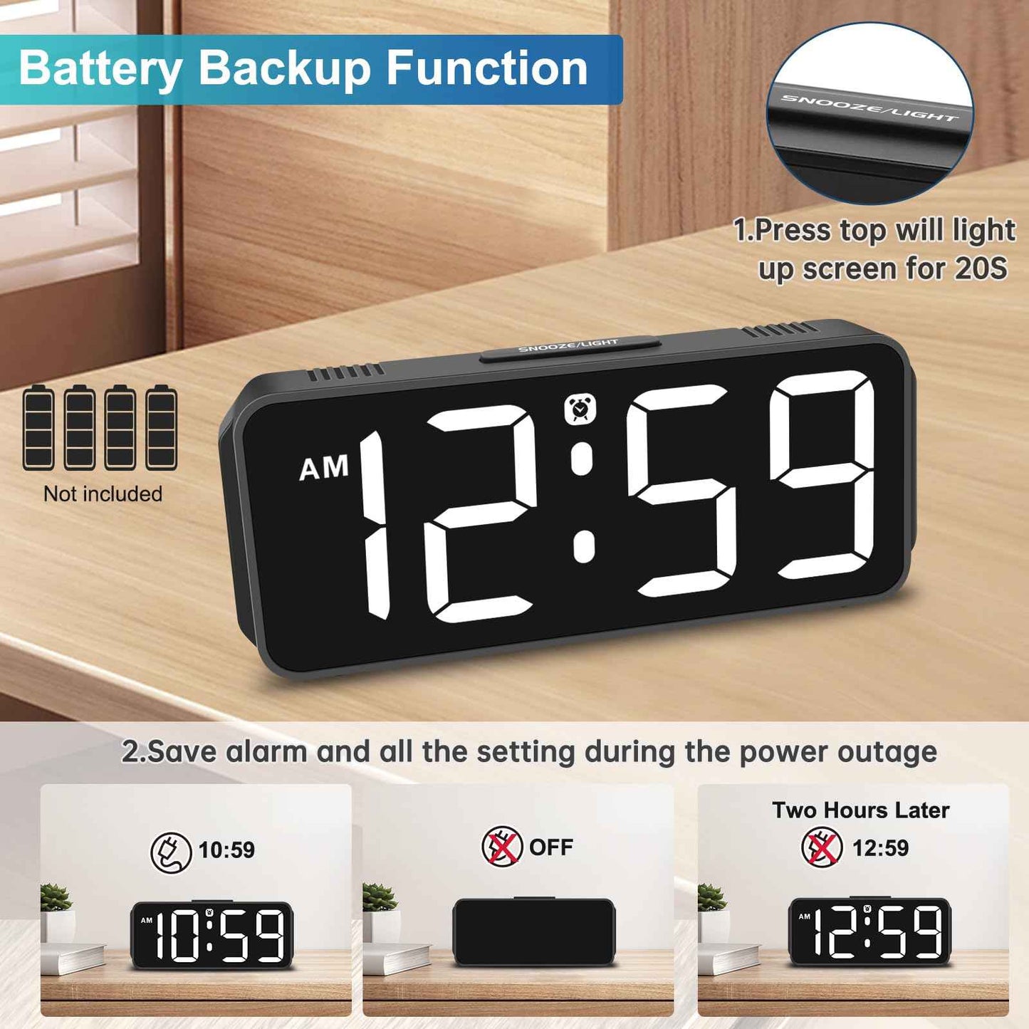 Peakeep Small Digital Alarm Clock Plug in for Bedrooms Bedside, Tiny Electric Clock Large Big Numbers Display with Battery Backup for Desk Table, 6 Dimmers, 5 Adjustable Alarm Volumes (Blue)