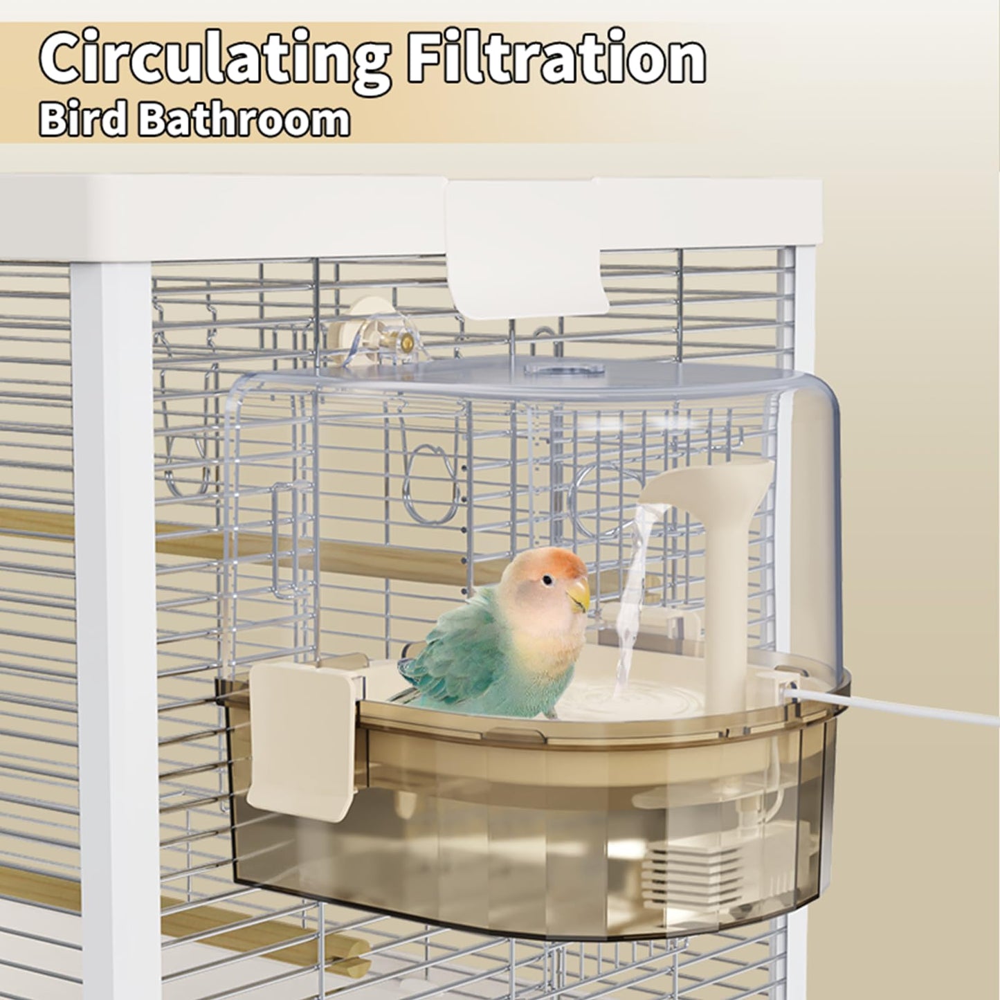 Automatic Bird Baths for Cage – Indoor Parakeet Bath with Pump, Bird Shower with 2 Modes Running Water, Bird Cage Accessory for Pet Birds Conure Budgies Cockatiels Lovebird (Light Brown)