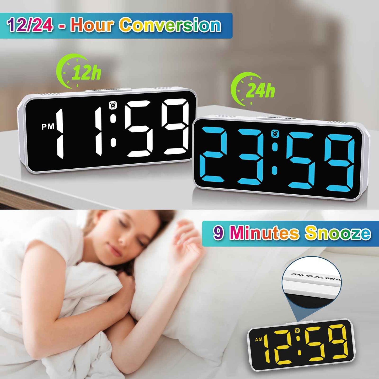 Peakeep Small Digital Alarm Clock Plug in for Bedrooms Bedside, Tiny Electric Clock Large Big Numbers Display with Battery Backup for Desk Table, 6 Dimmers, 5 Adjustable Alarm Volumes (Blue)