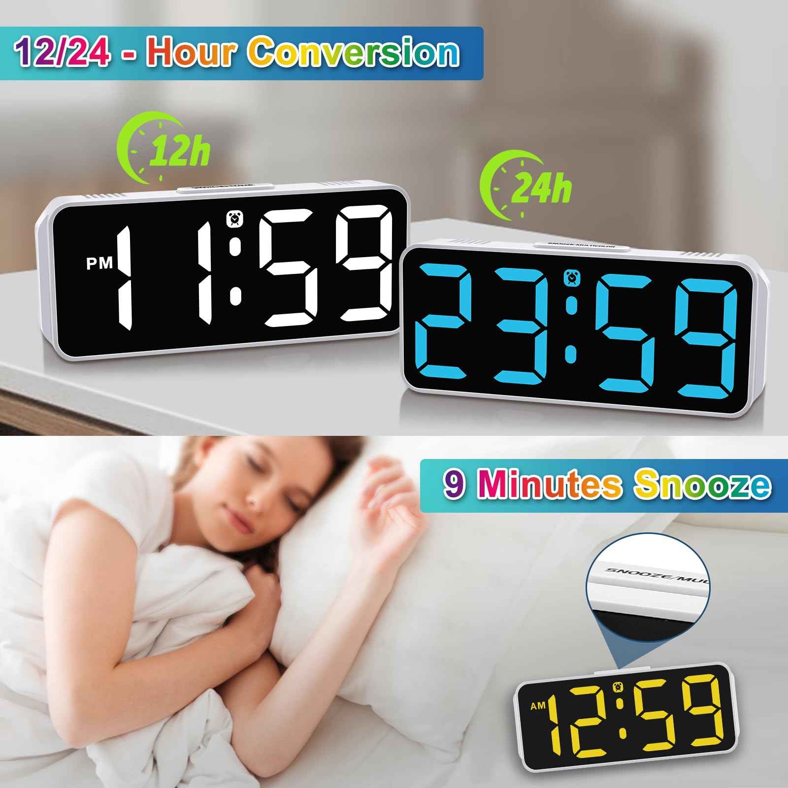 Peakeep Small Digital Alarm Clock Plug in for Bedrooms Bedside, Tiny Electric Clock Large Big Numbers Display with Battery Backup for Desk Table, 6 Dimmers, 5 Adjustable Alarm Volumes (Blue)
