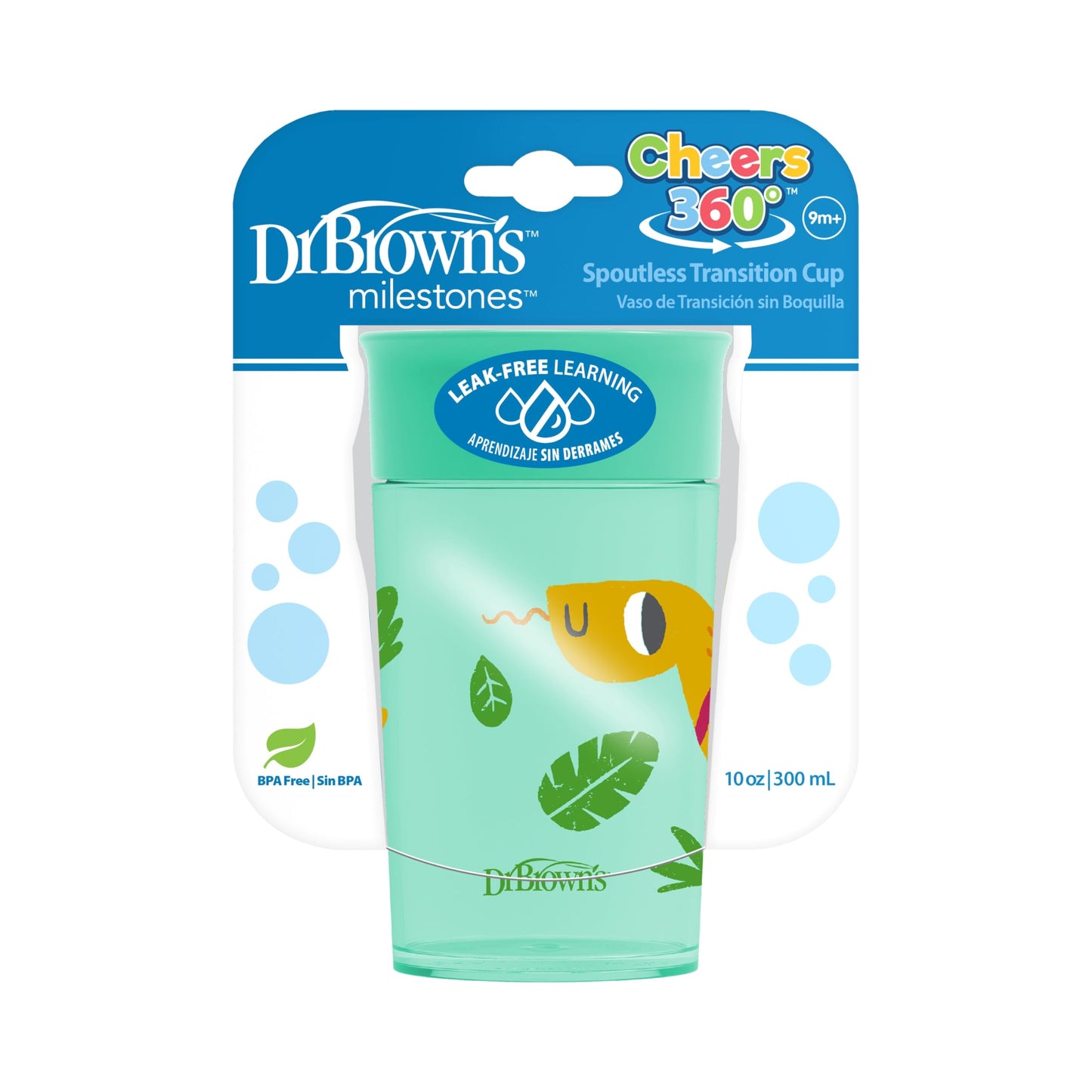 Dr. Brown's Polypropylene (PP) Milestones Cheers 360 Sippy Training Cups for Babies and Toddlers - Blue/Green - 10oz - 2-Pack - 9m+