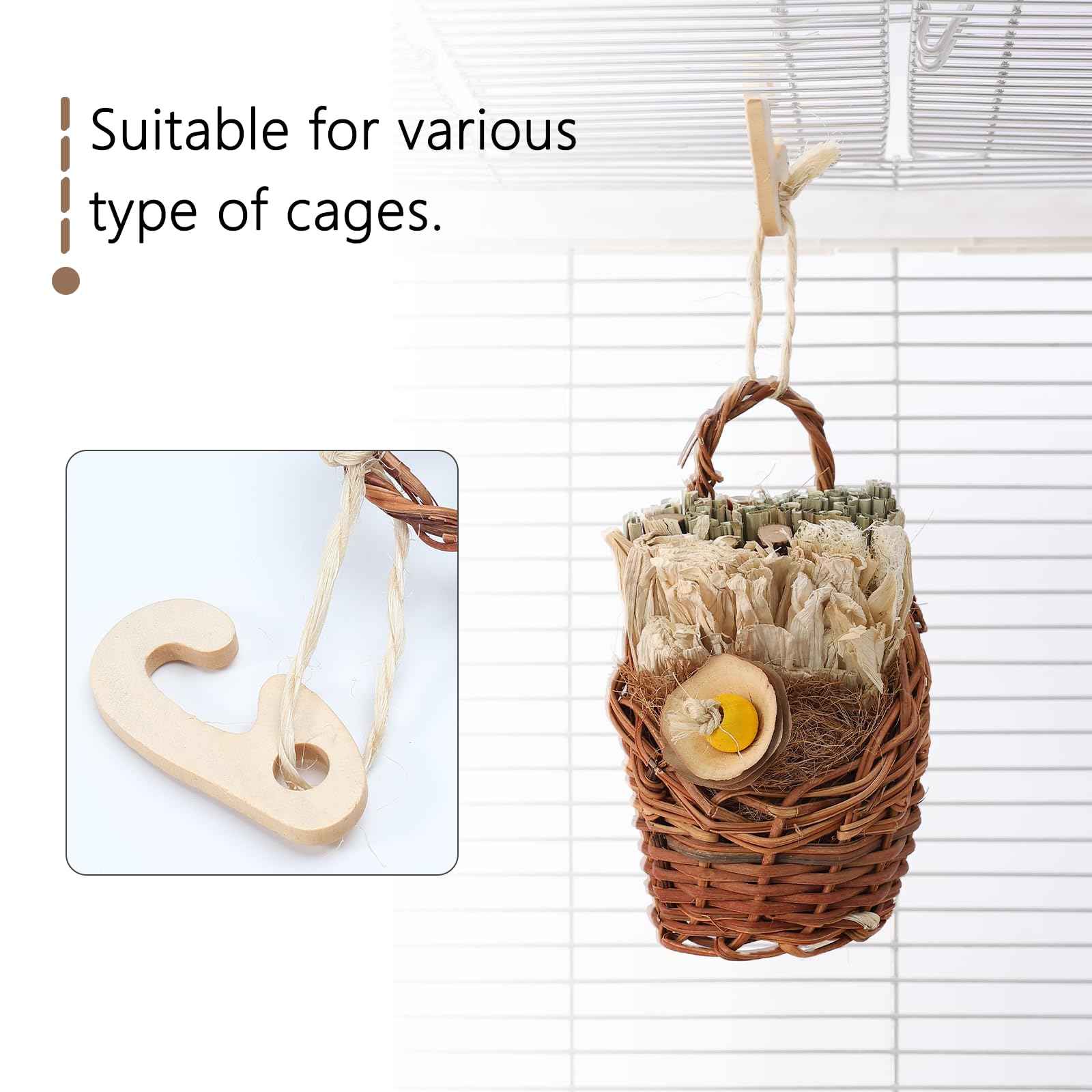 Natural Bird Chew Toys Shreddable Toys Made of Seagrass, Timothy Grass & Corn Leaves with Wood Hook for Cockatiels, Parakeets, Small Medium Birds (Pinecone Woven Basket)