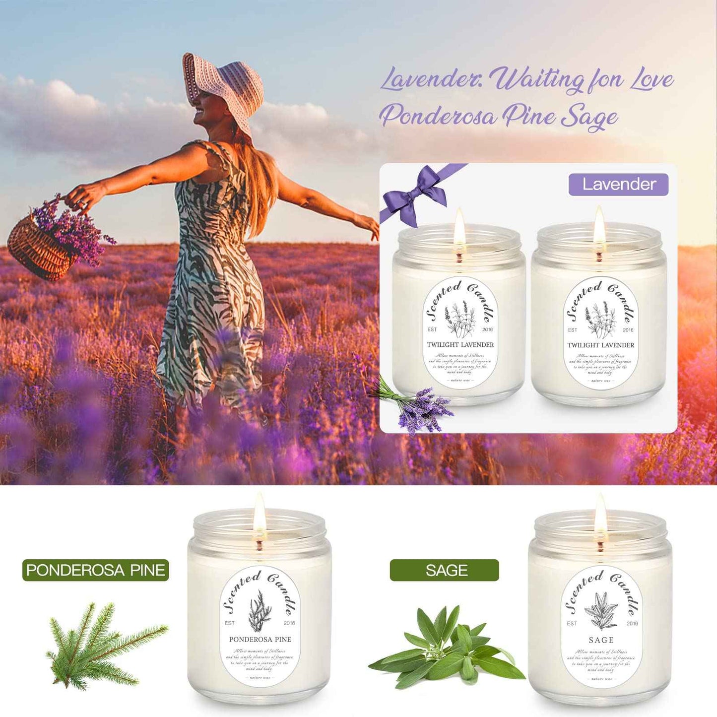 Lavender Candle Gift Set, 4 Pack Soy Wax Scented Candles for Home – Lavender, Sage & Ponderosa Pine – Aromatherapy Candles for Relaxation, Stress Relief & Christmas Gifts for Women