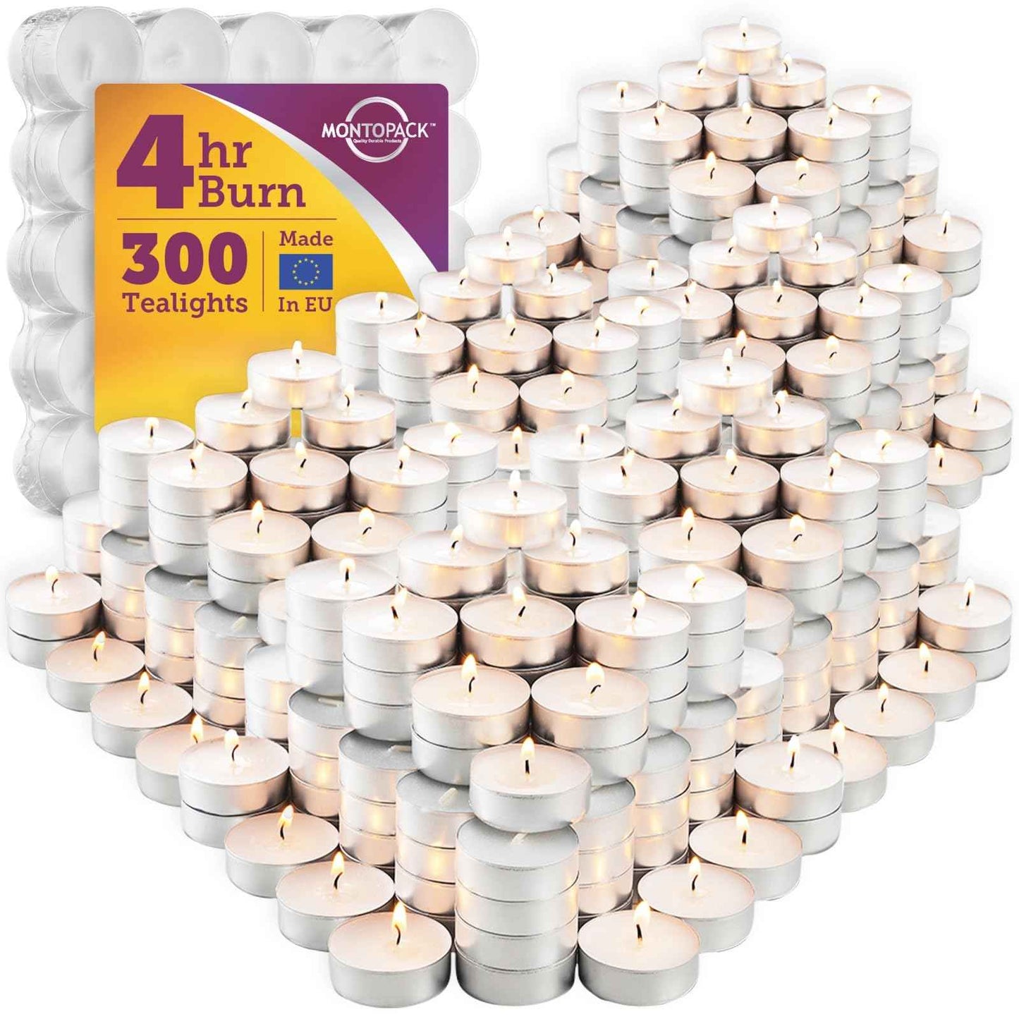 MontoPack Unscented Tea Light Candles 100 Pack | 4 hours, White, Smokeless, Dripless Small Votive Paraffin Tealights | Long-Lasting for Home, Shabbat, Weddings, Events, Emergencies | Mini Candles Bulk