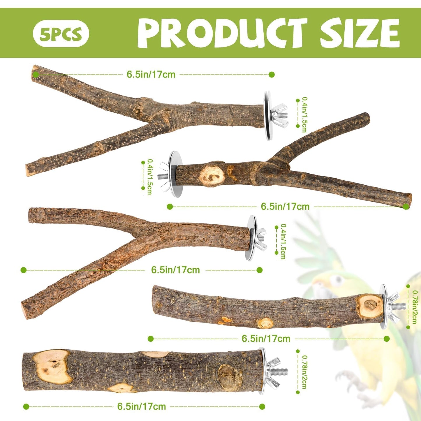 Natural Wood Bird Perches for Cage, Parrot Perch Stand & Platform, Bird Cage Accessories for Parakeets, Cockatiels, Conures, Lovebirds (Brown, Core Perch & Platform - 8PCS)