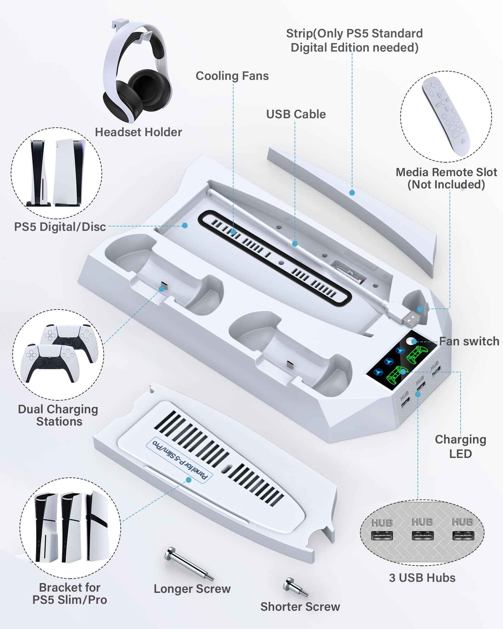 PS5/PS5 Slim/PS5 Pro Stand and Cooling Station with Dual Controller Charging Station for PlayStation 5 Console, PS5 Accessories Incl. Controller Charger, Cooling Fan, Headset Holder, 3 USB Hub, White